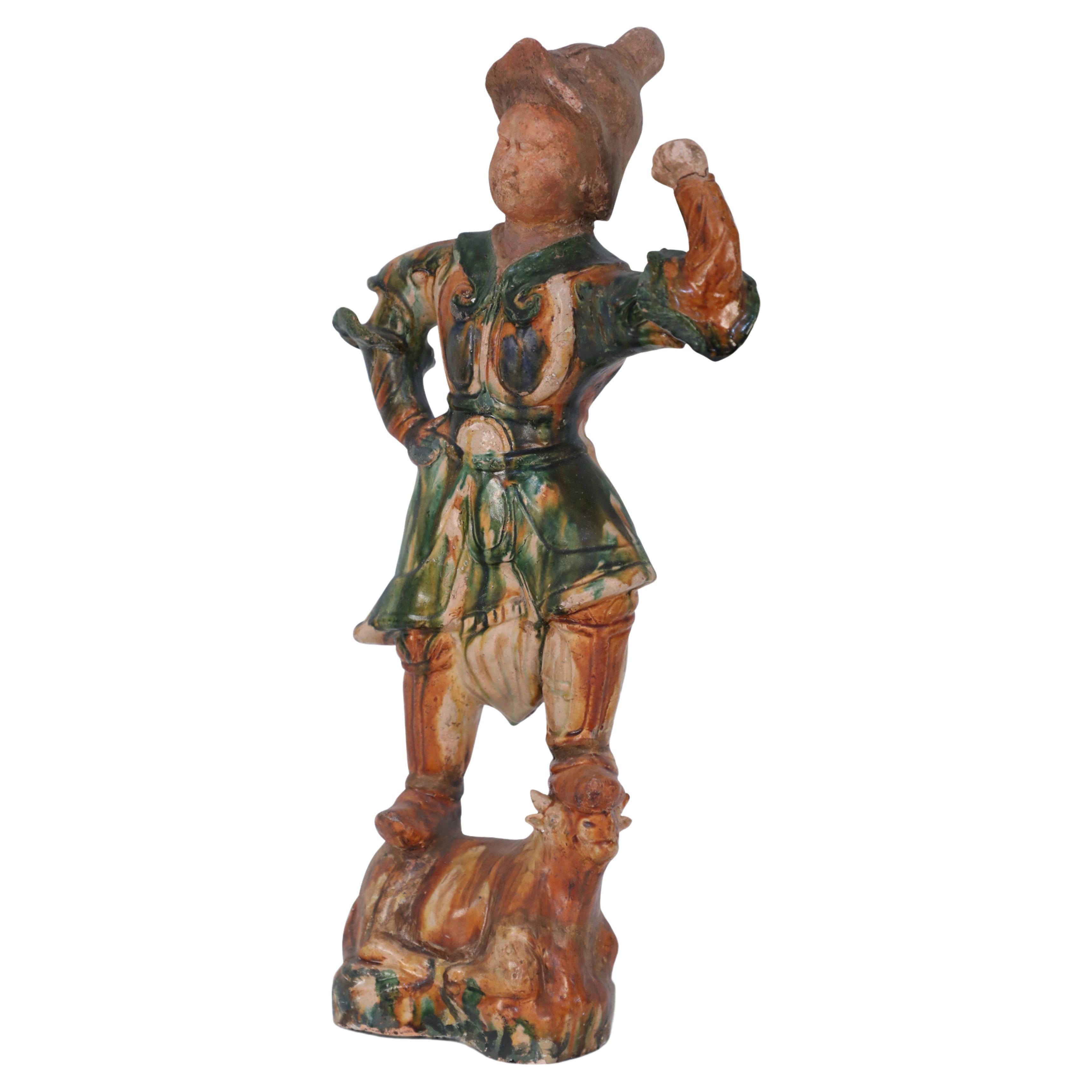 Chinese Tang Dynasty-Style Sancai Glazed Terra Cotta Tomb Guardian For Sale