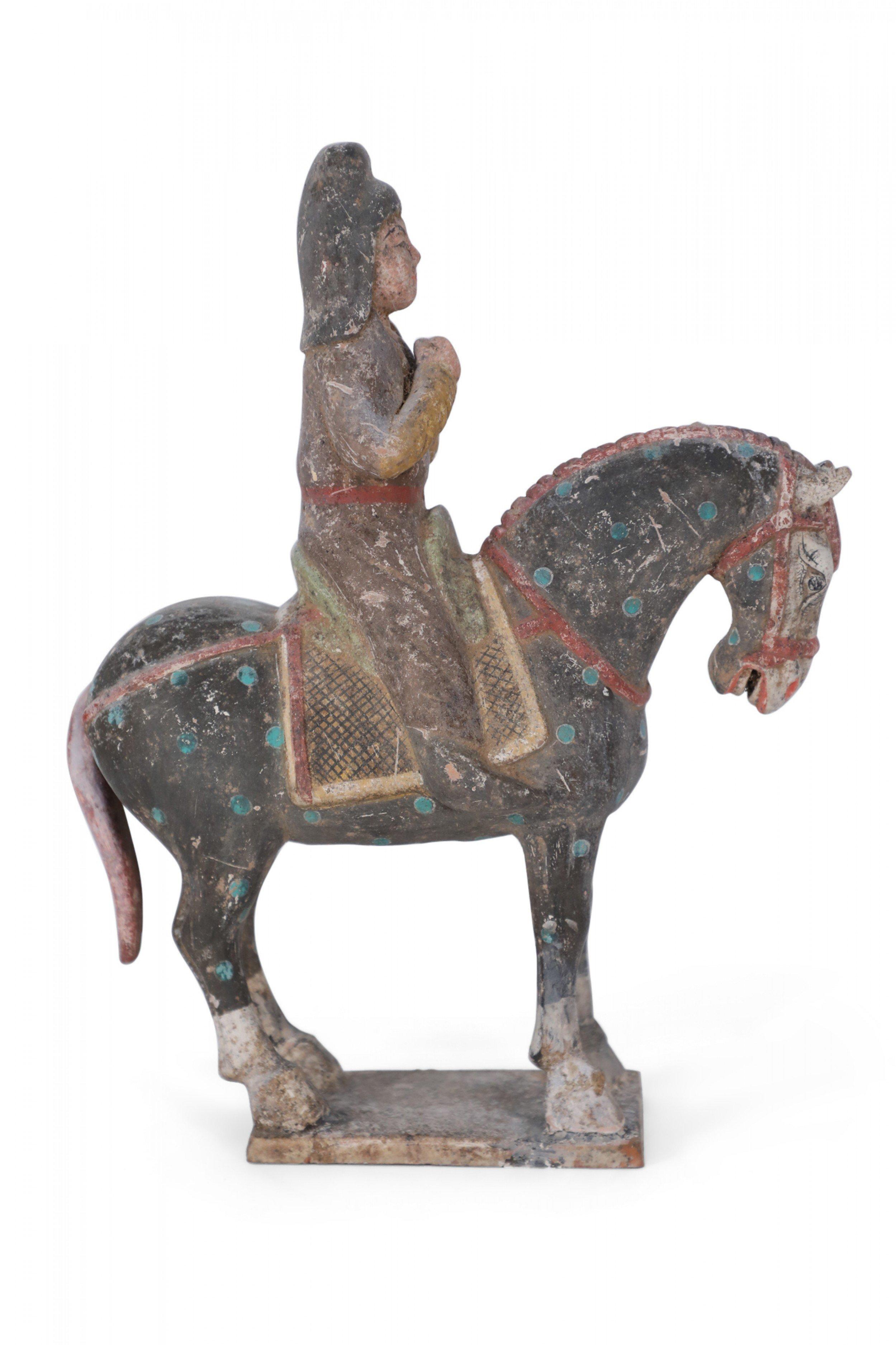 Terracotta Chinese Tang Dynasty-Style Terra Cotta Horse with Rider Tomb Figure For Sale