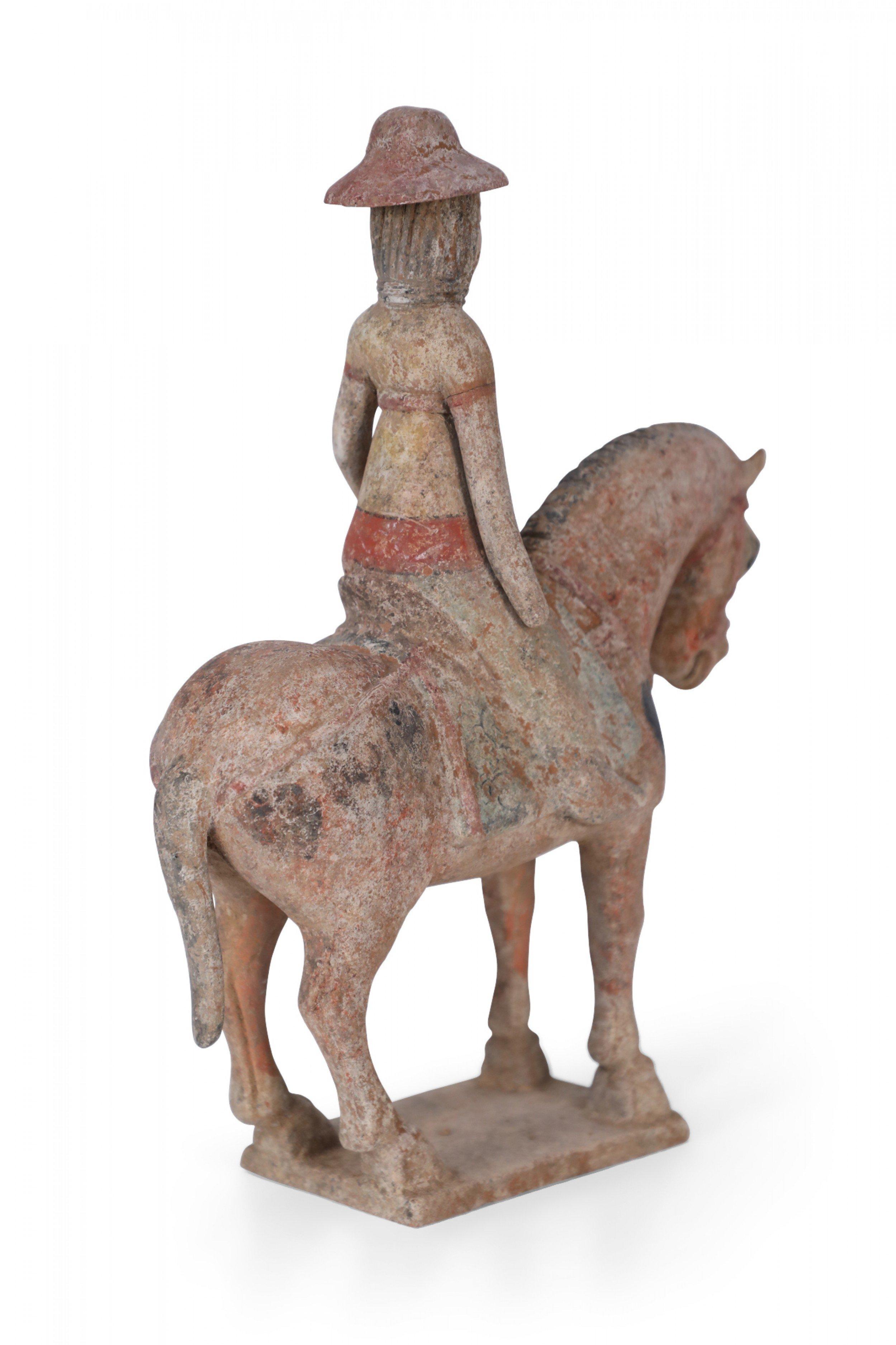 Terracotta Chinese Tang Dynasty-Style Terra Cotta Horse with Rider Tomb Figure For Sale