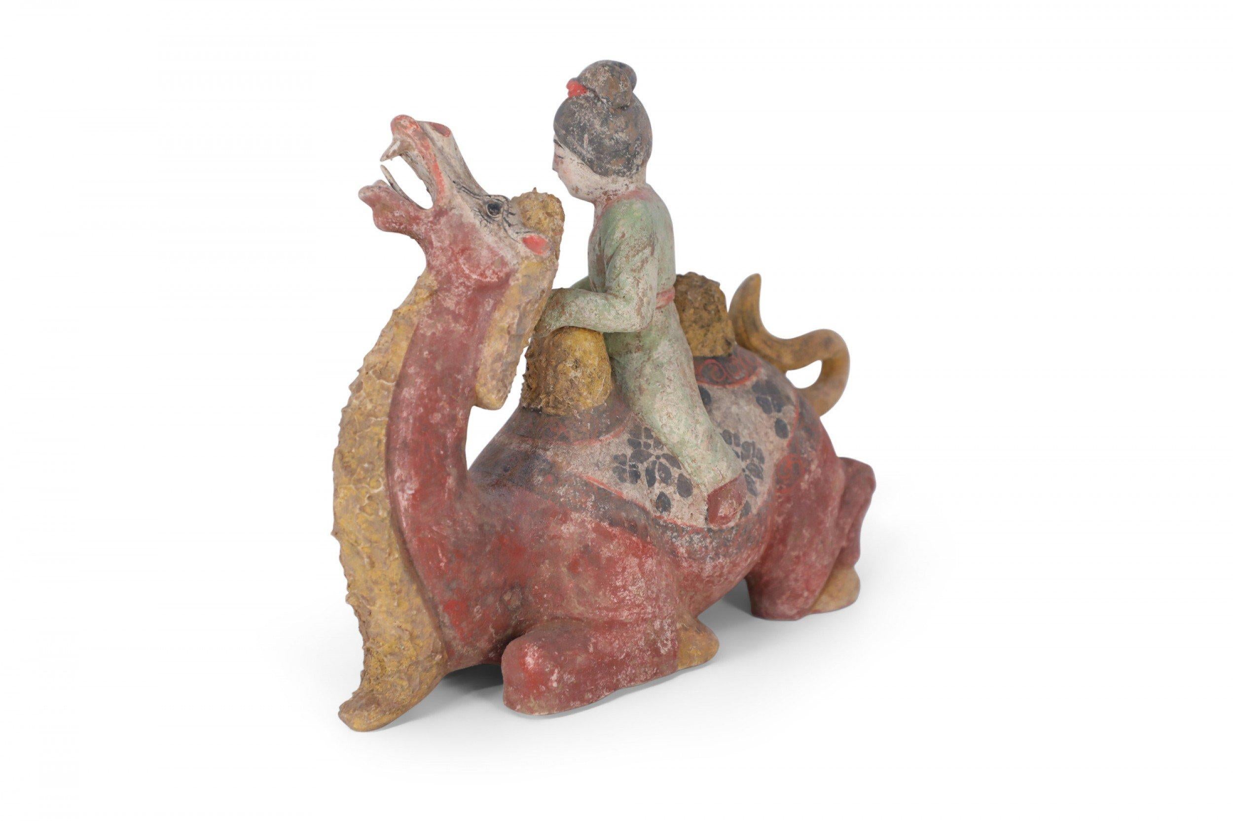 Chinese Export Chinese Tang Dynasty-Style Terra Cotta Kneeling Camel and Woman Tomb Figure For Sale
