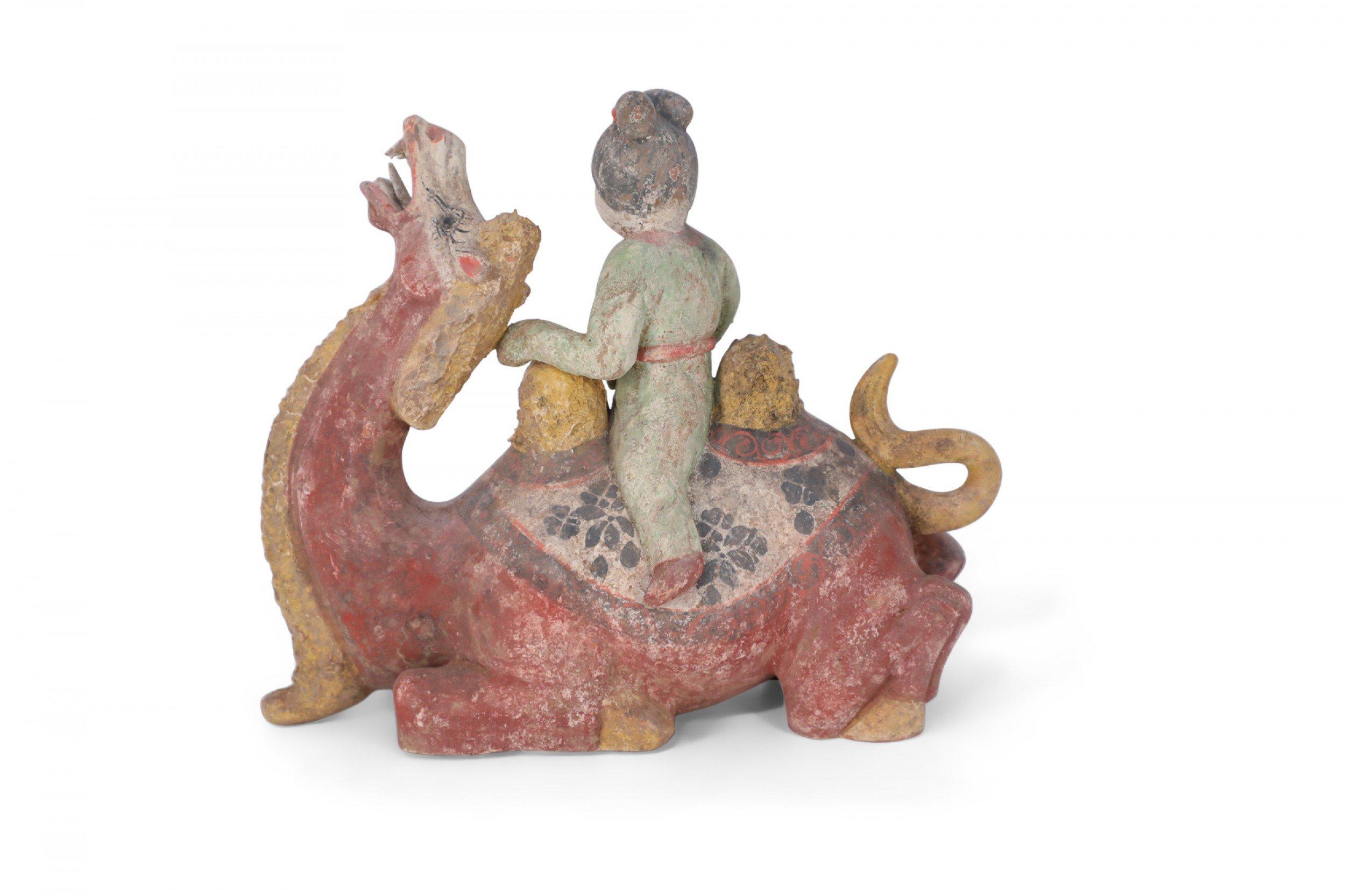 Chinese Tang Dynasty-Style Terra Cotta Kneeling Camel and Woman Tomb Figure In Good Condition For Sale In Queens, NY