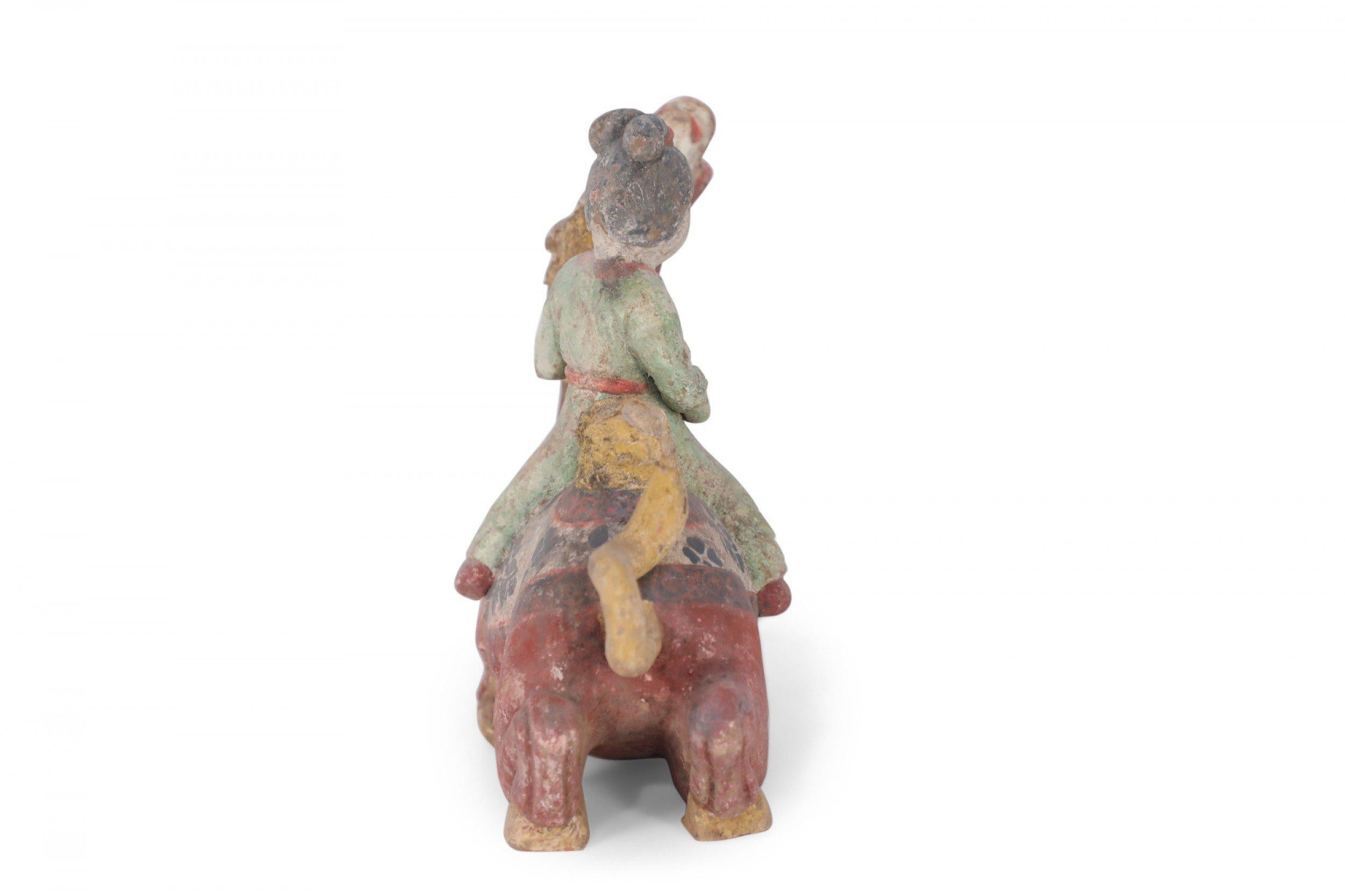 Terracotta Chinese Tang Dynasty-Style Terra Cotta Kneeling Camel and Woman Tomb Figure For Sale
