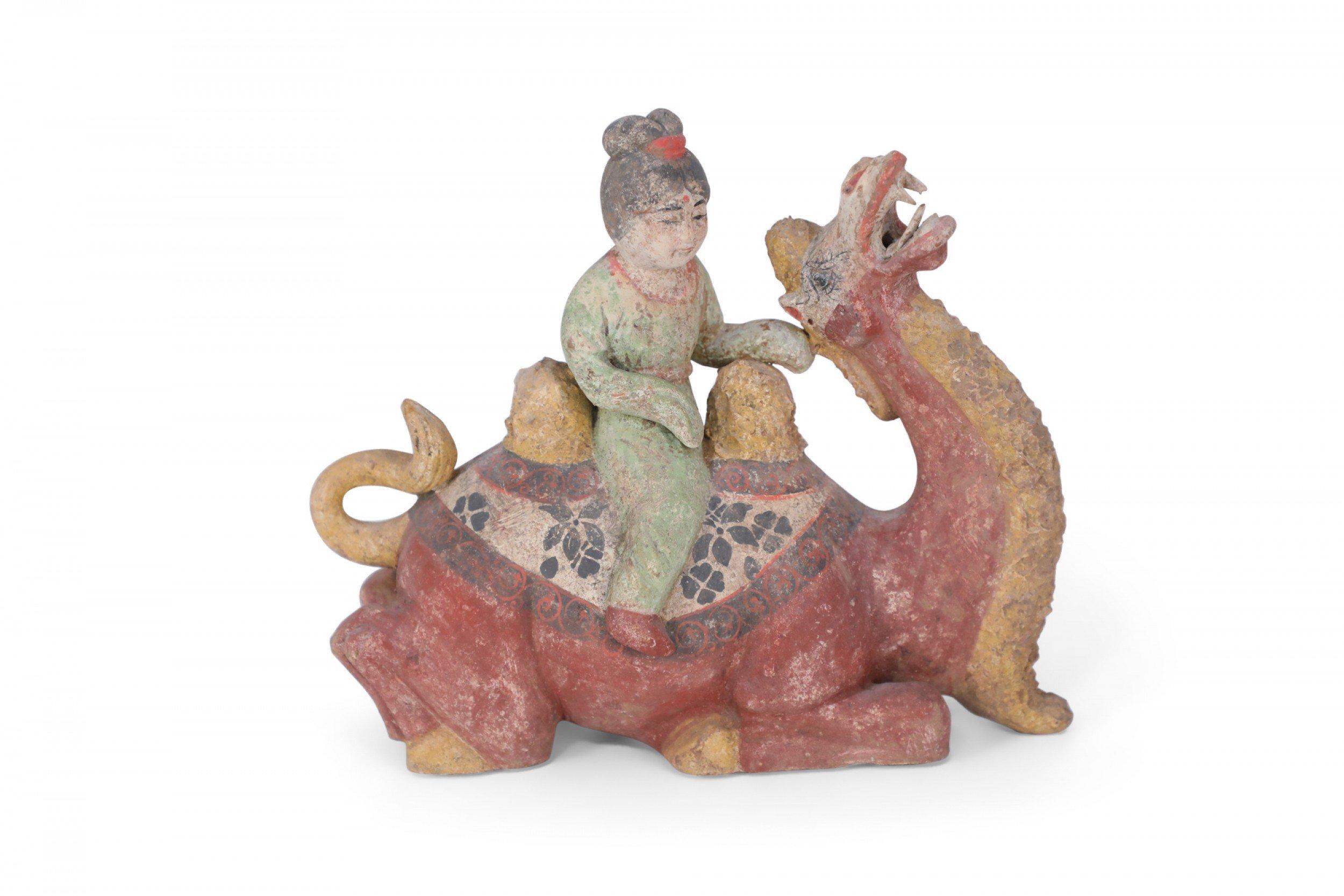 Chinese Tang Dynasty-Style Terra Cotta Kneeling Camel and Woman Tomb Figure For Sale 2