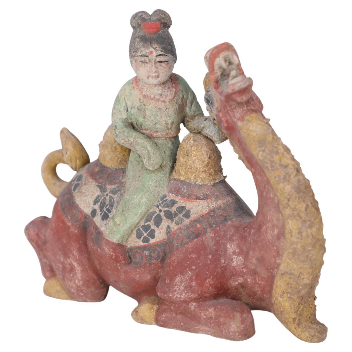 Chinese Tang Dynasty-Style Terra Cotta Kneeling Camel and Woman Tomb Figure For Sale