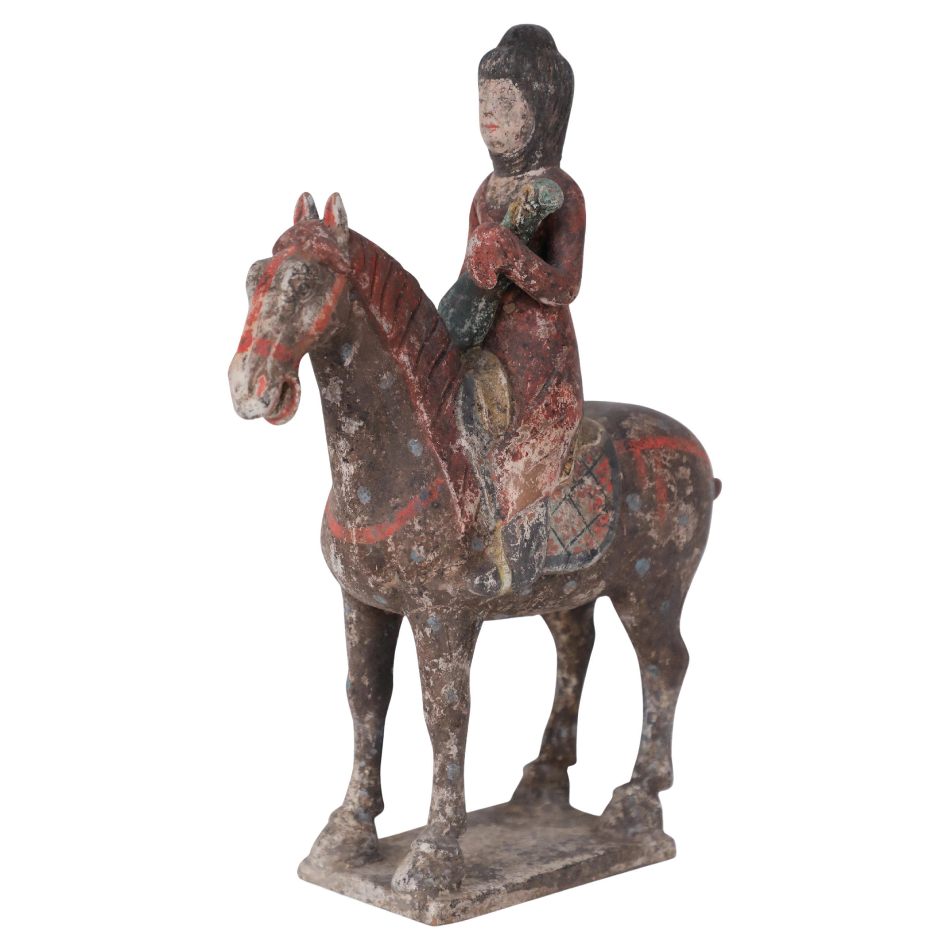 Chinese Tang Dynasty-Style Terra Cotta Rider and Horse Tomb Figure For Sale