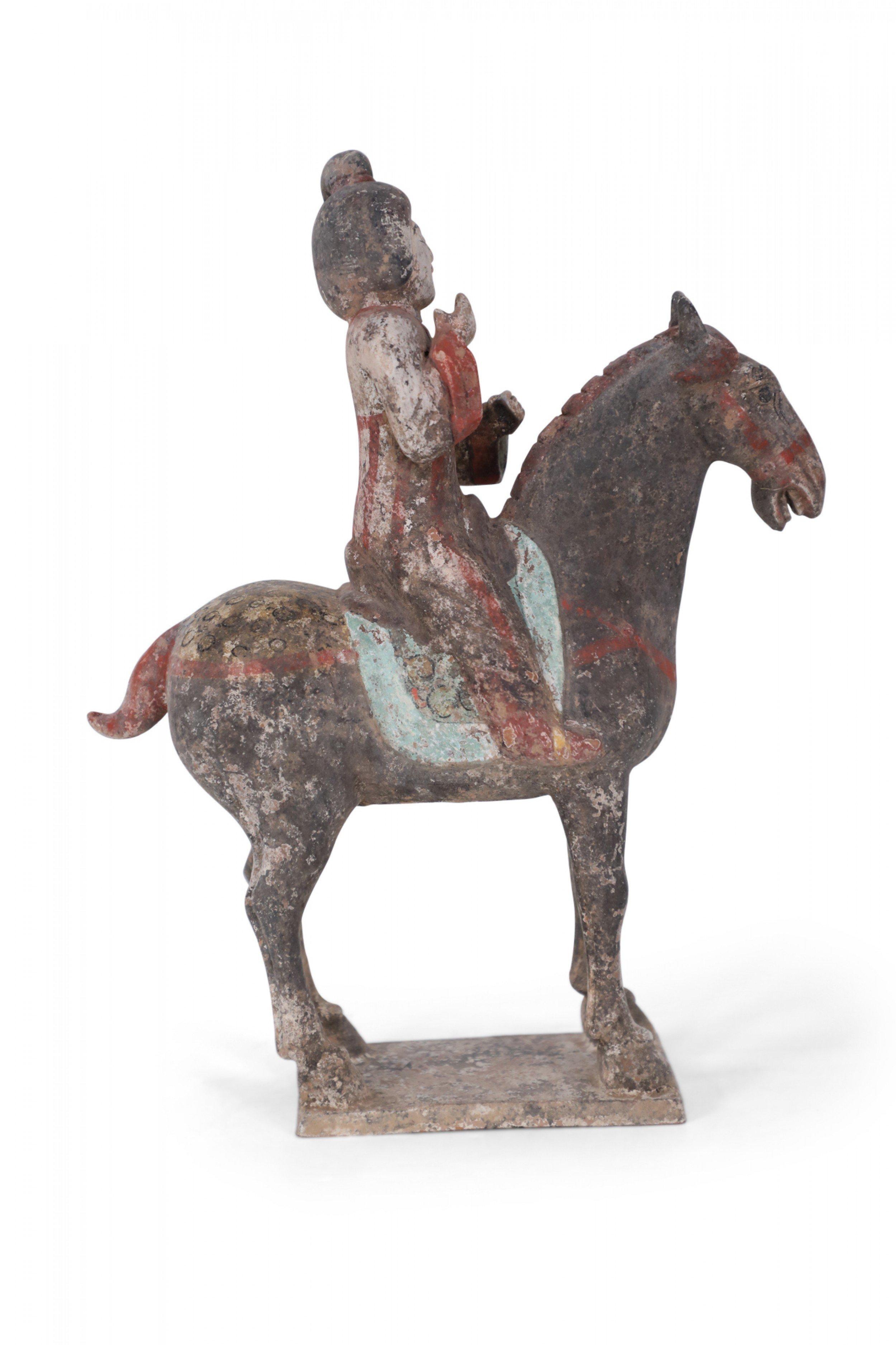 Terracotta Chinese Tang Dynasty-Style Terra Cotta Woman and Horse Tomb Figure For Sale