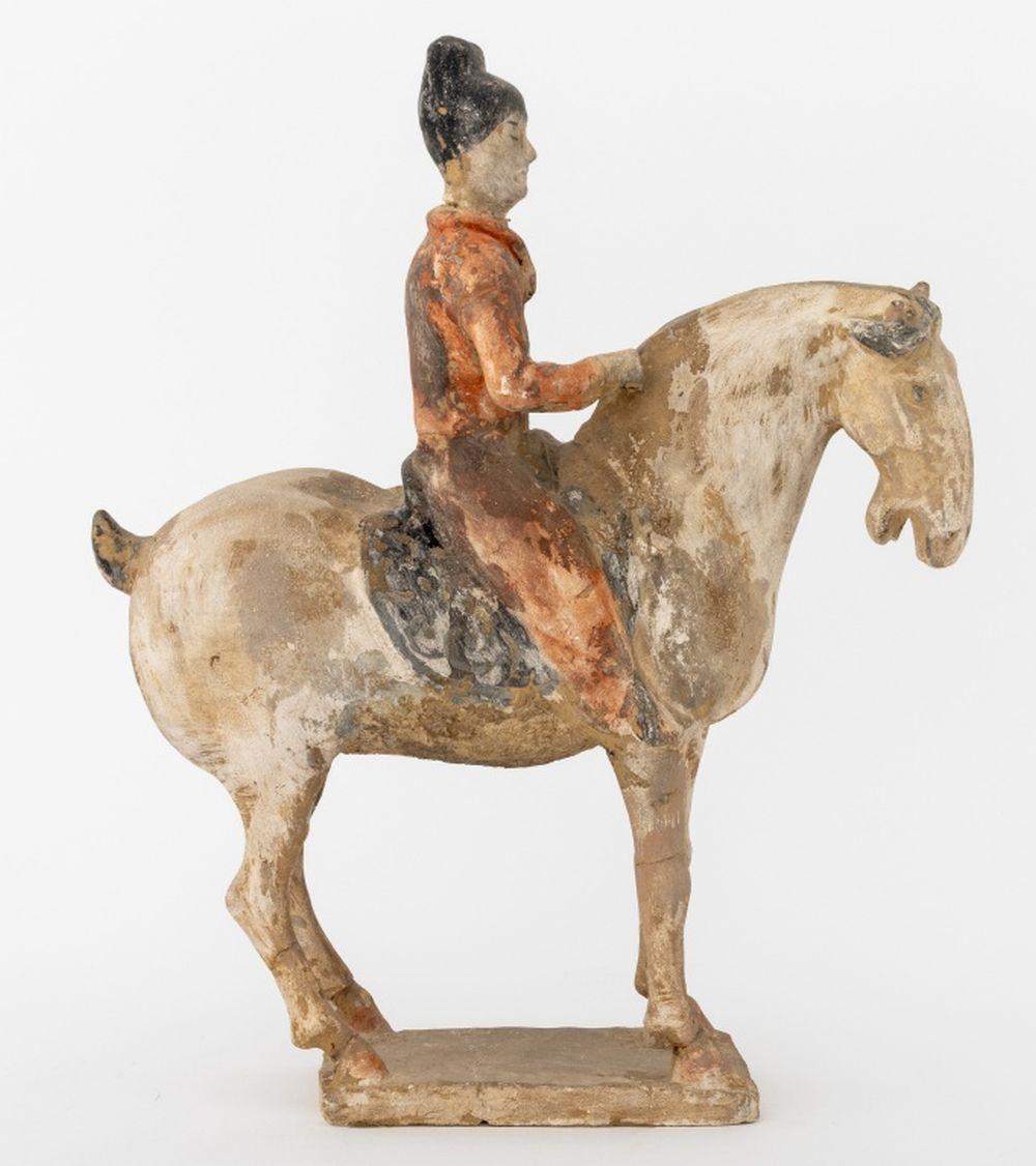 18th Century and Earlier Chinese Tang Horse & Rider Pottery Sculpture
