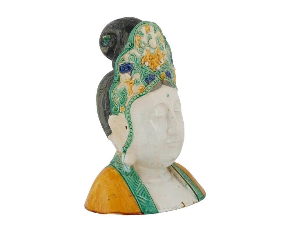 19th Century Chinese Tang Manner Glazed Pottery Bust Of Guanyin For Sale