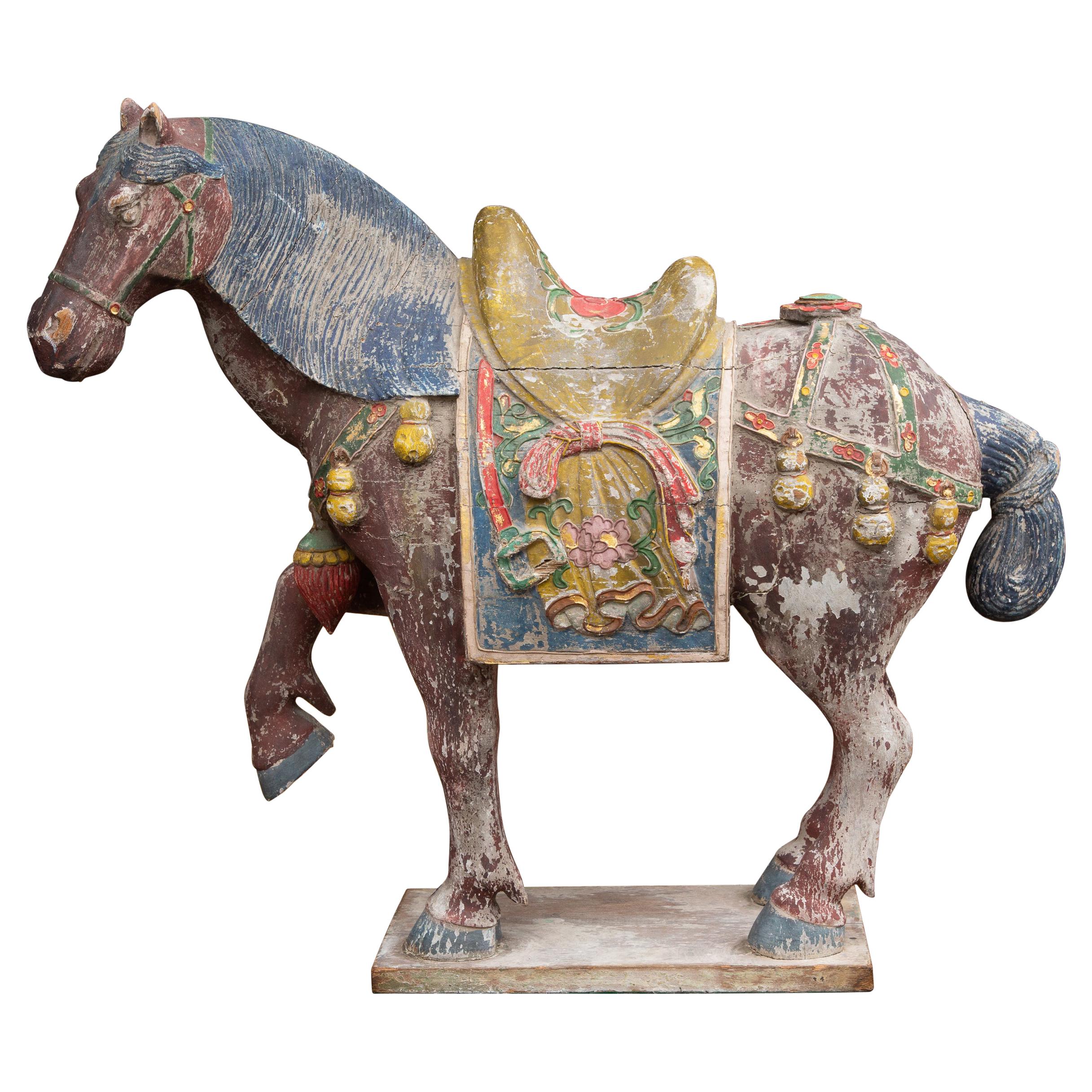 Chinese Tang Style Carved and Polychromed Horse