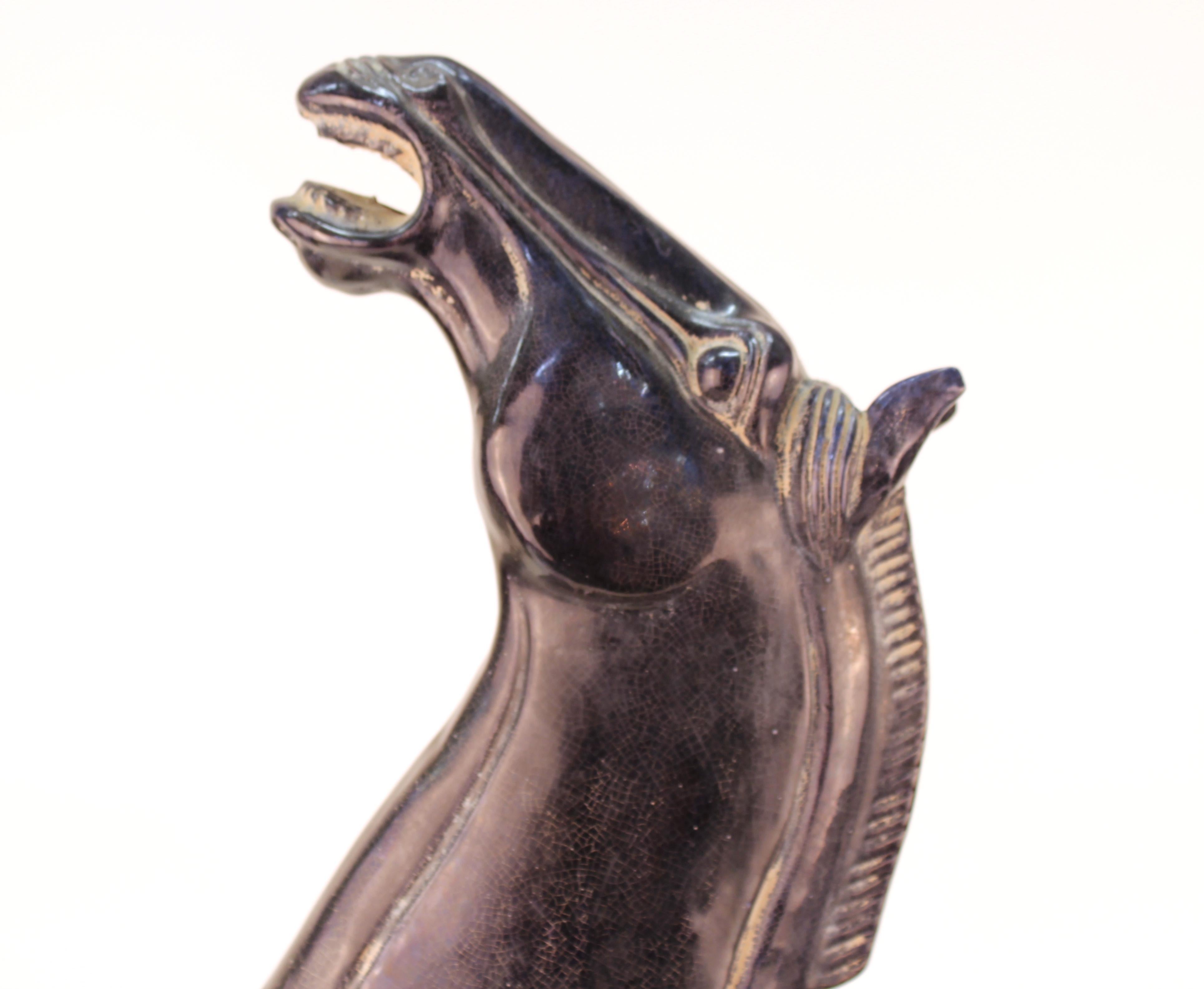 Late 20th Century Chinese Tang Style Terracotta Horse Sculpture in Dark Blue Glaze and Drippings