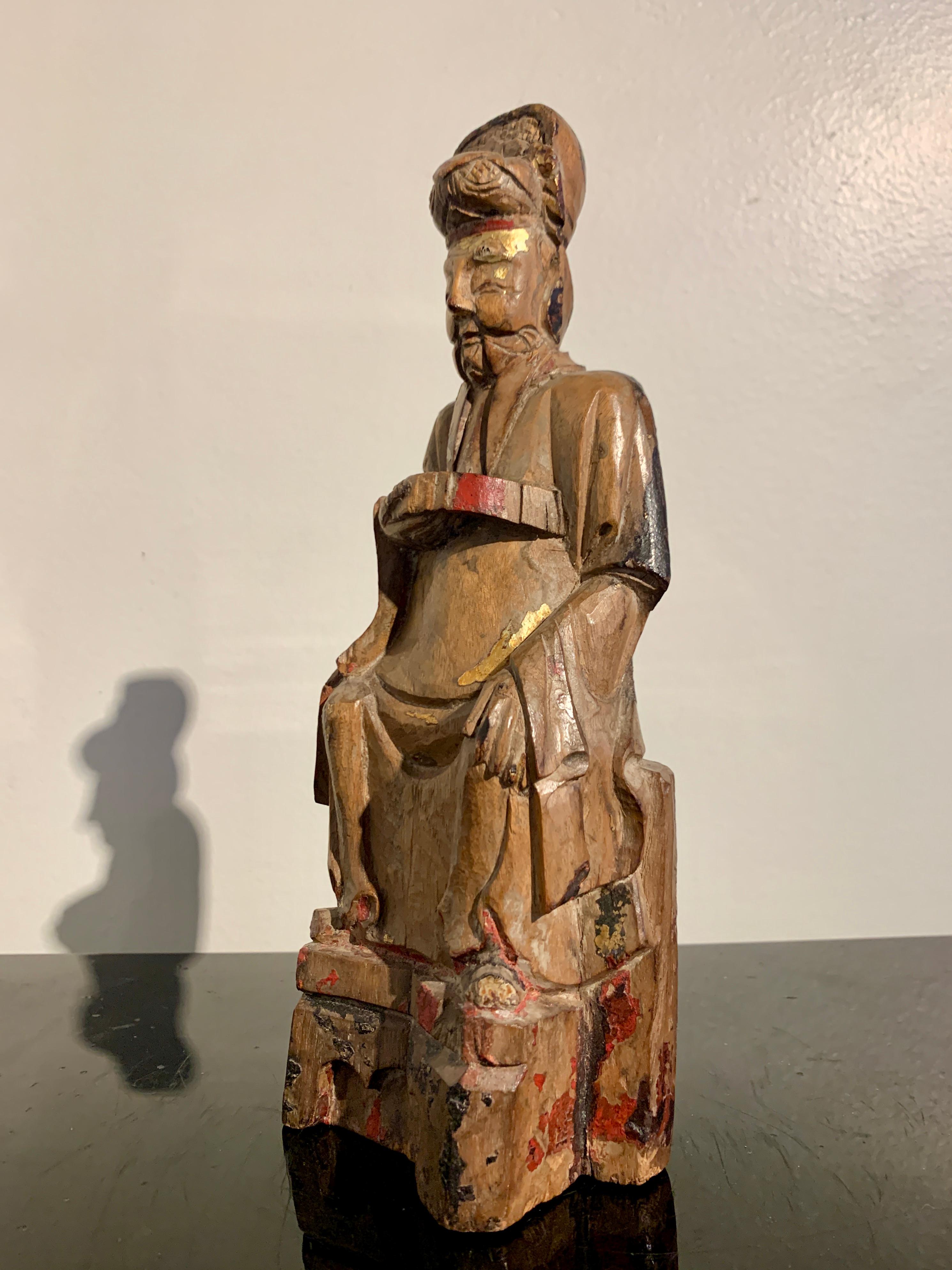 17th Century Chinese Taoist Carved Wood Deity, Ming/Qing Dynasty, mid 17th century, China For Sale