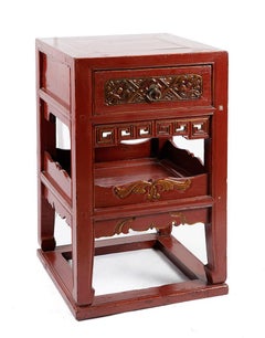 Chinese Tea Table, Carved and Polychrome Wood, Metal, 19th Century
