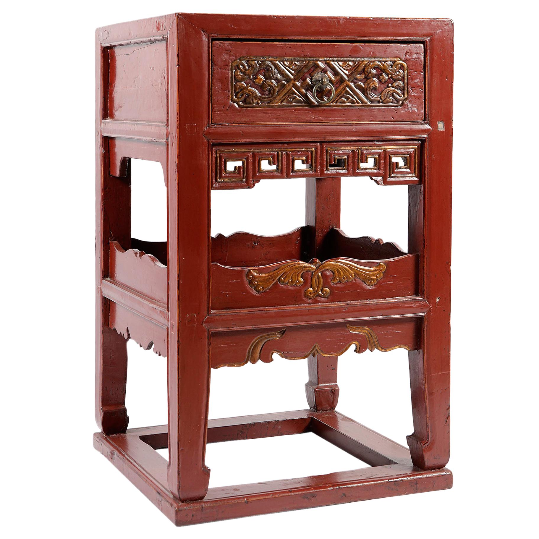 Chinese Tea Table, Carved and Polychrome Wood, Metal, 19th Century For Sale
