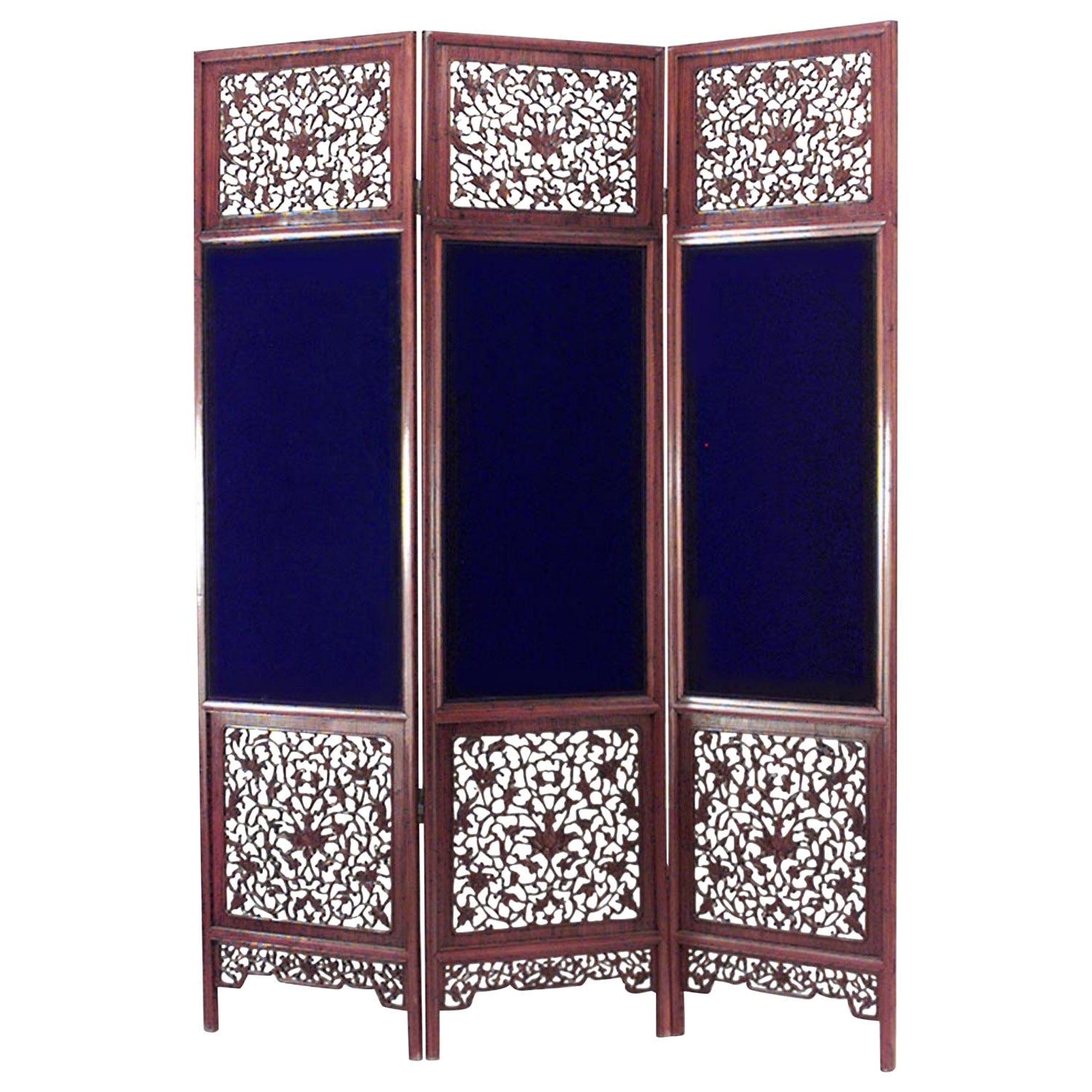 Chinese Teak 3-Fold Screen with Carved Filigree and Velvet Upholstery For Sale