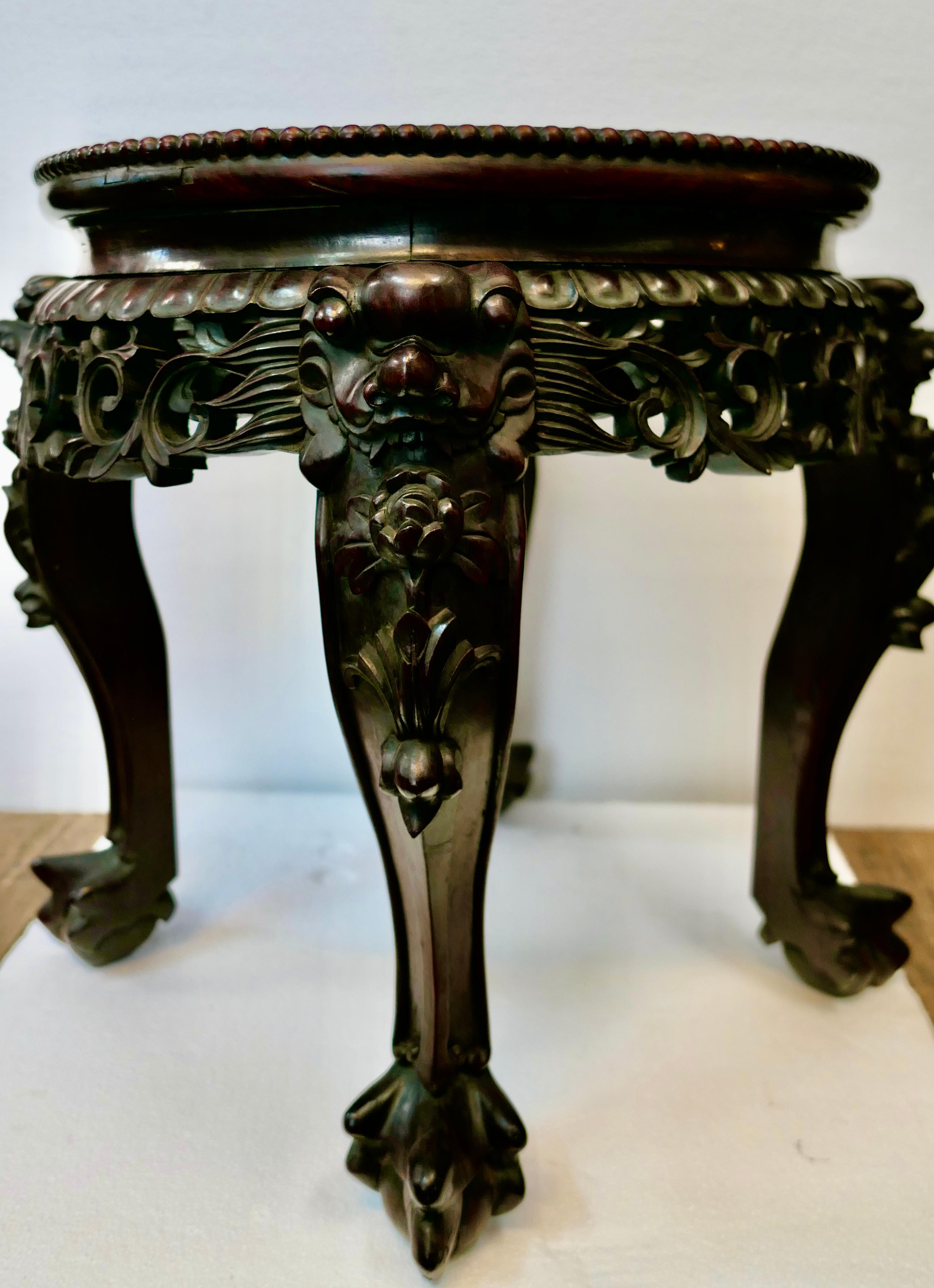 Hand-Carved Chinese Teak & Rouge Marble Table For Sale