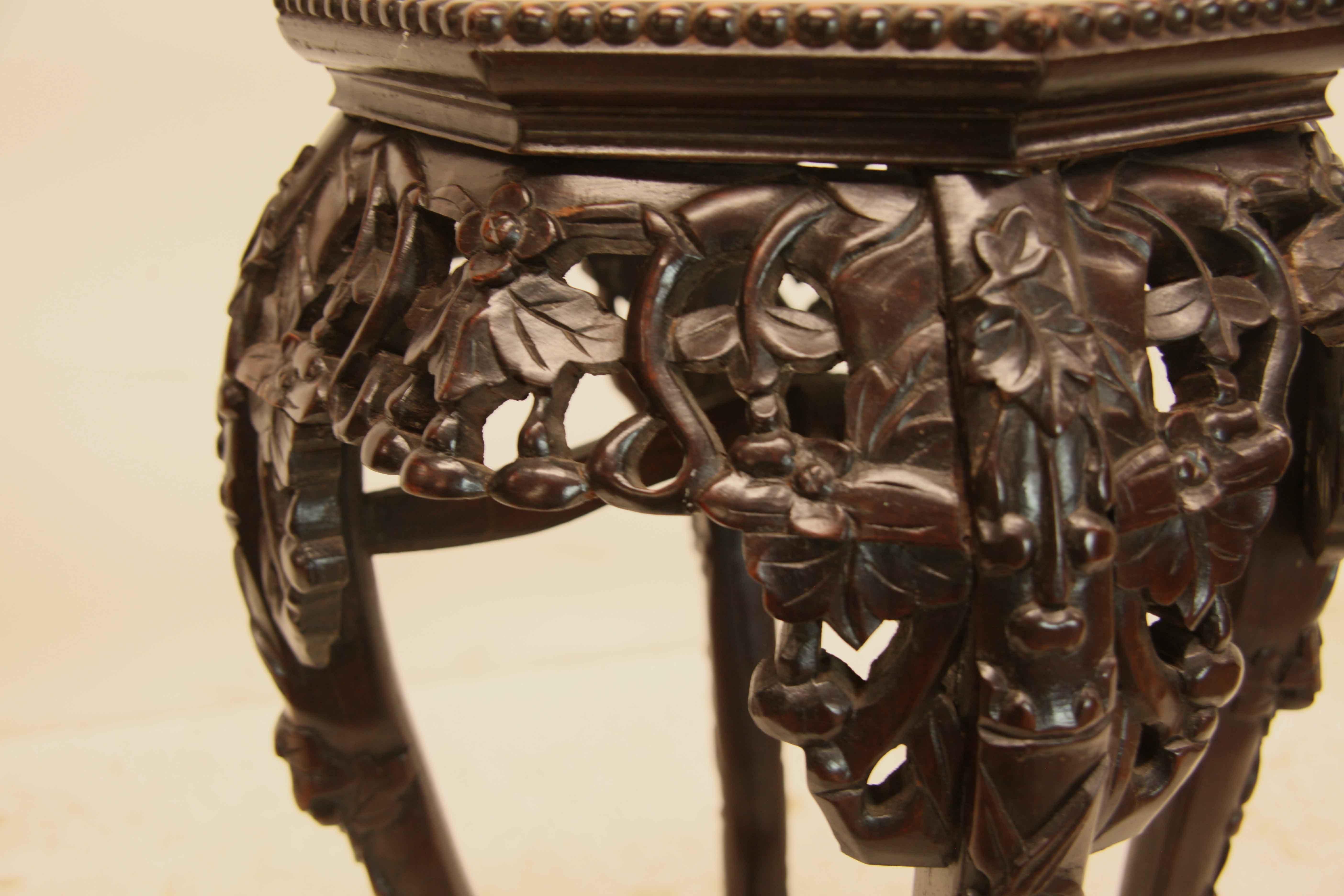 Hand-Carved Chinese Teak Wood and Marble Stand