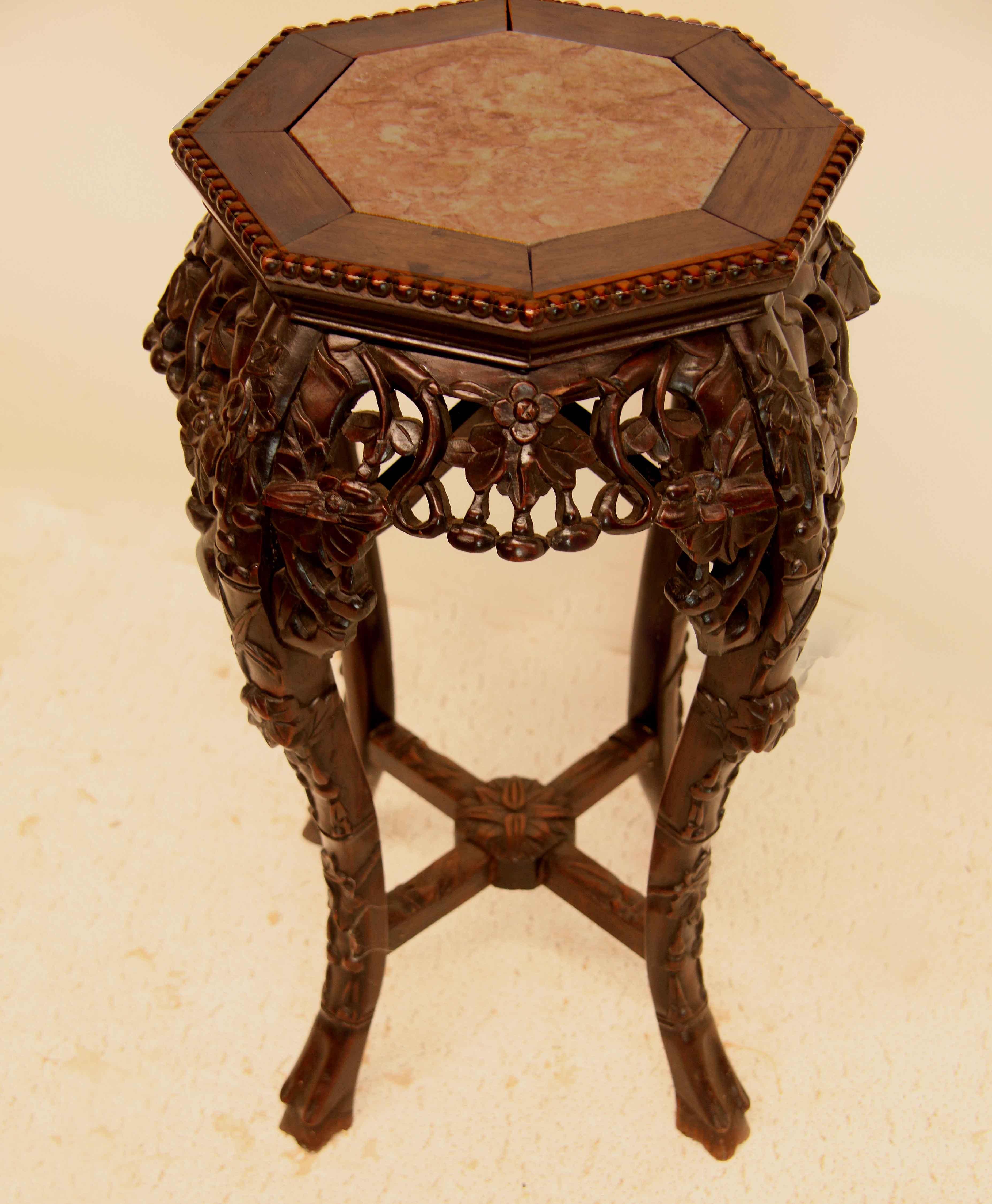 Chinese Teak Wood and Marble Stand 1
