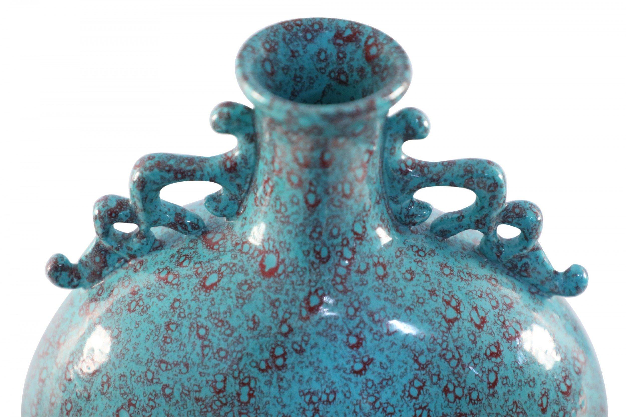 Vase Flask de lune chinois en porcelaine sarcelle et rouge craquelé en vente 2
