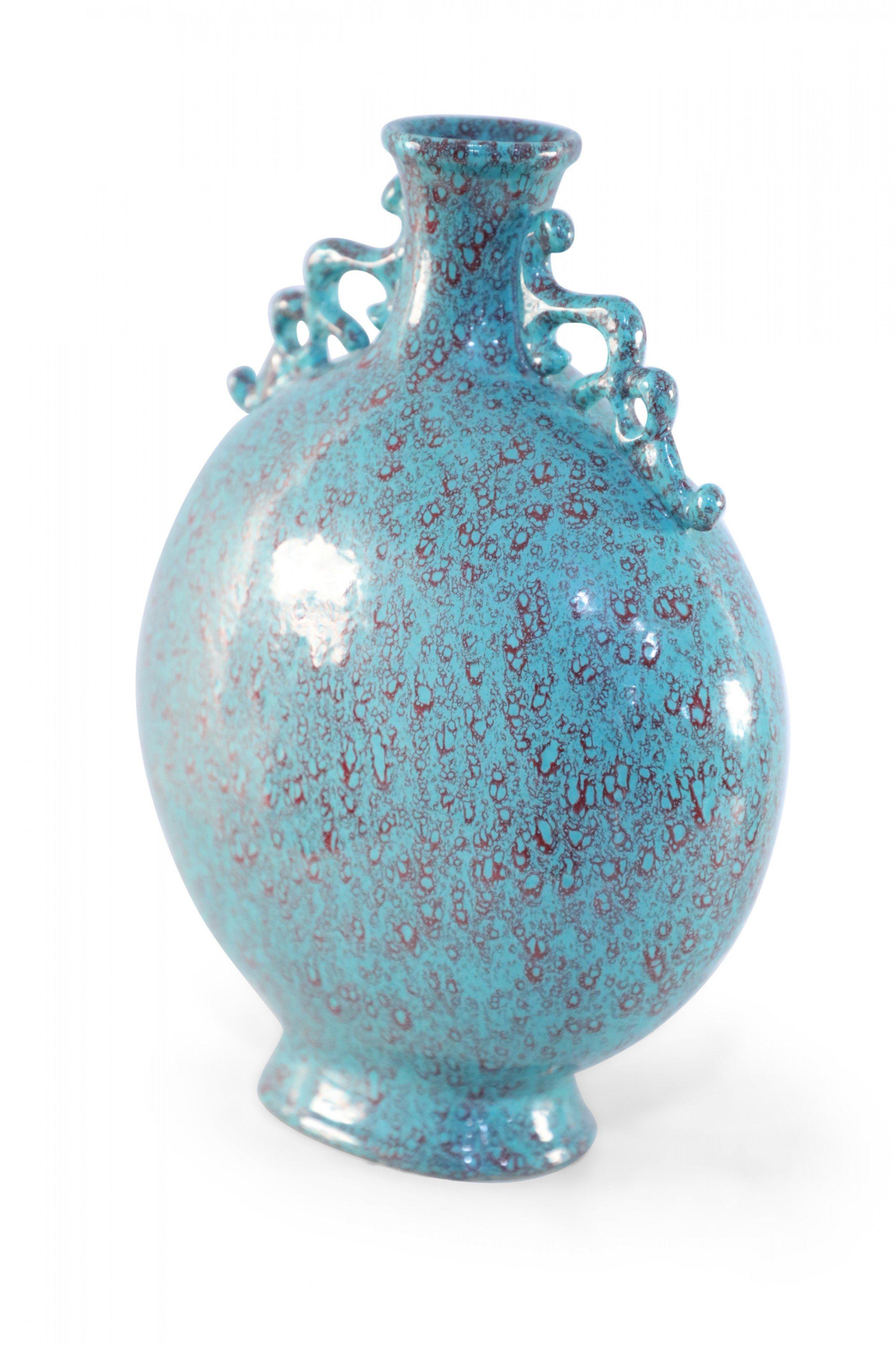 Antique Chinese (late 19th century) teal moon flask porcelain vase decorated with a red crackle overlay and topped with two stepped handles (date mark on bottom, see photos).