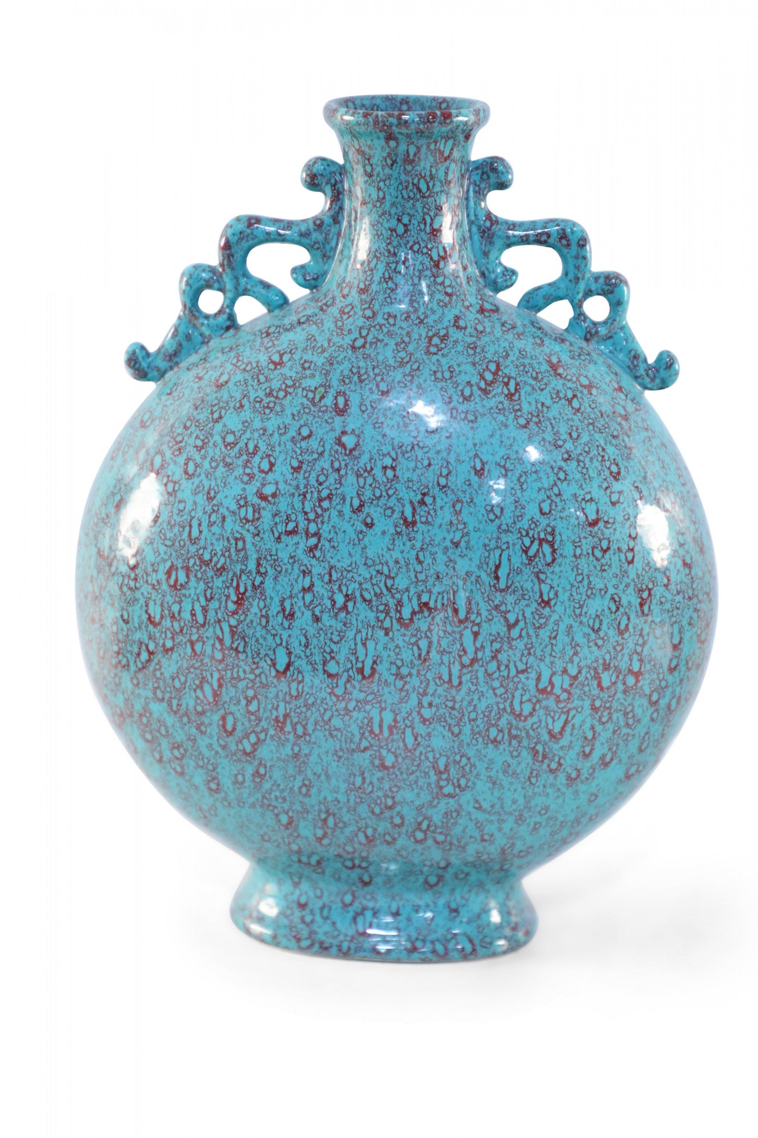Fait main Vase Flask de lune chinois en porcelaine sarcelle et rouge craquelé en vente