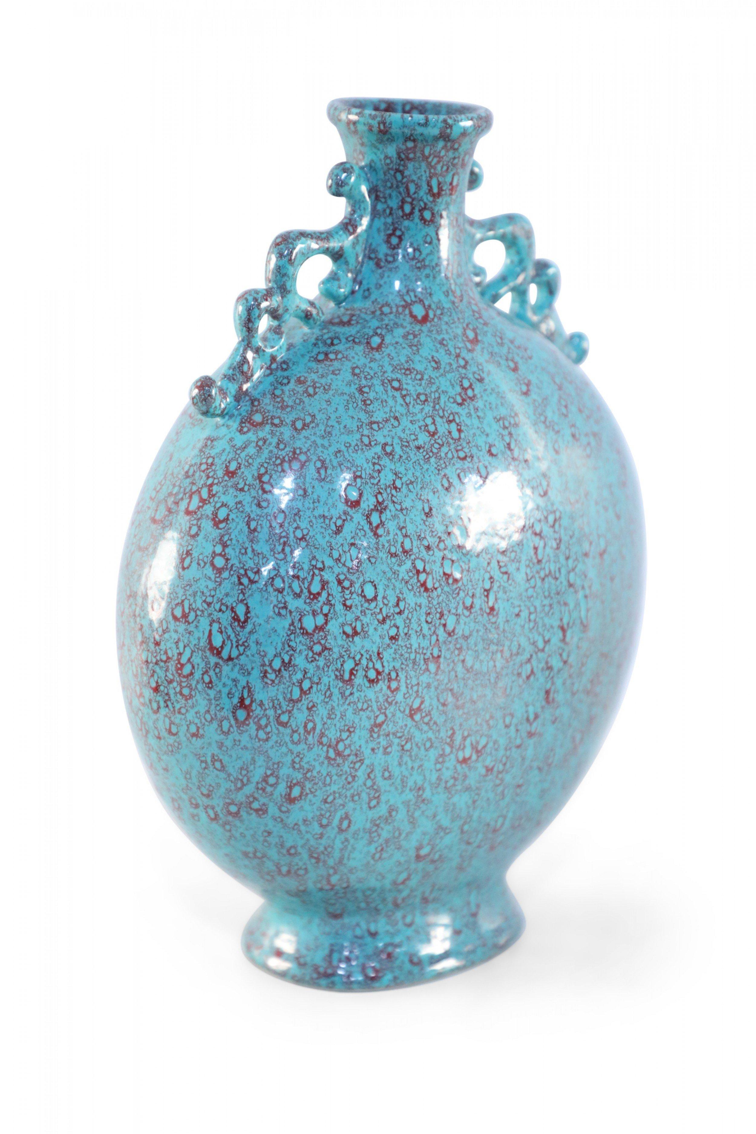 Porcelaine Vase Flask de lune chinois en porcelaine sarcelle et rouge craquelé en vente