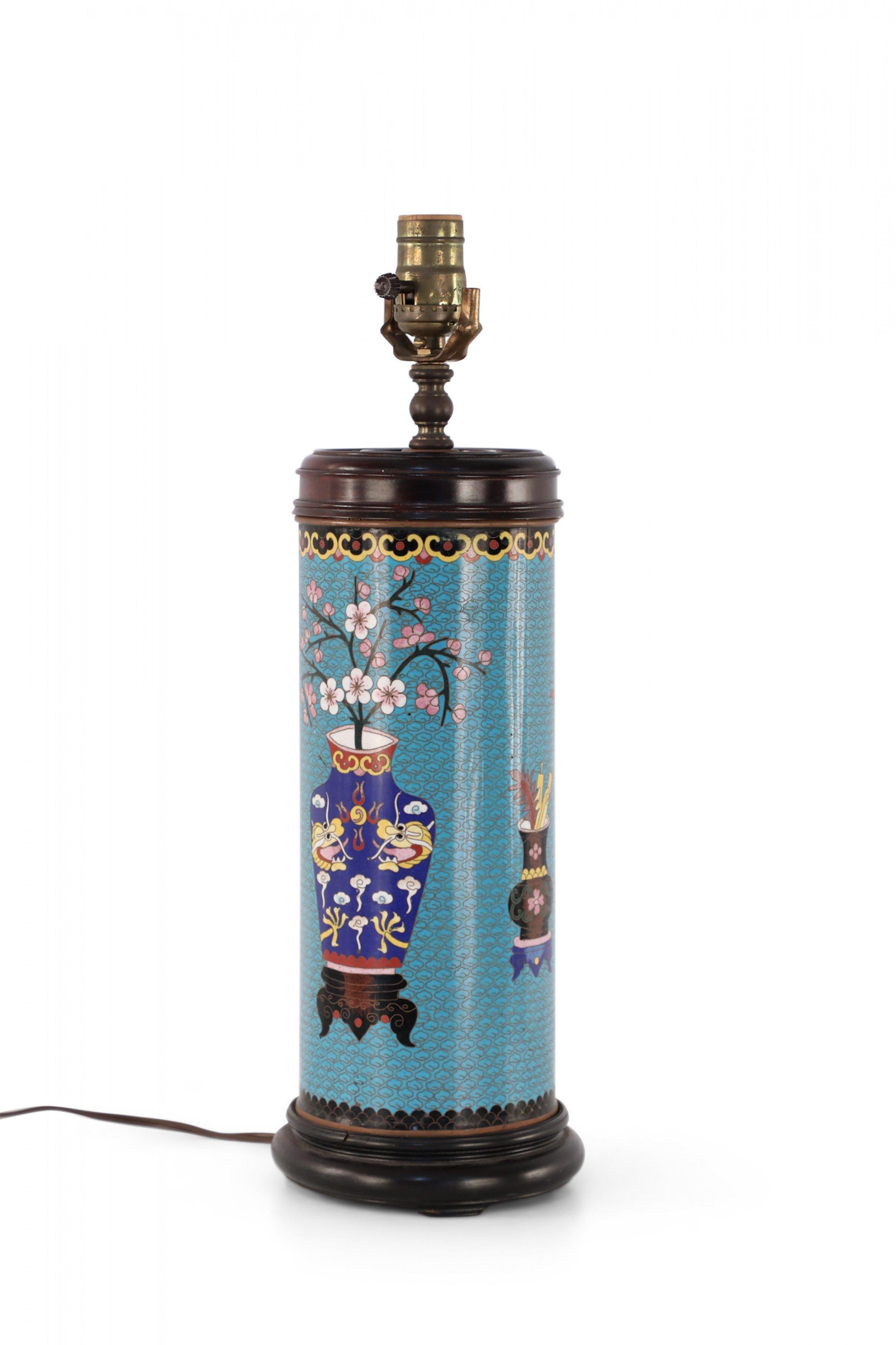 Chinese Export Chinese Teal Cylindrical Patterned Cloisonne Table Lamp For Sale
