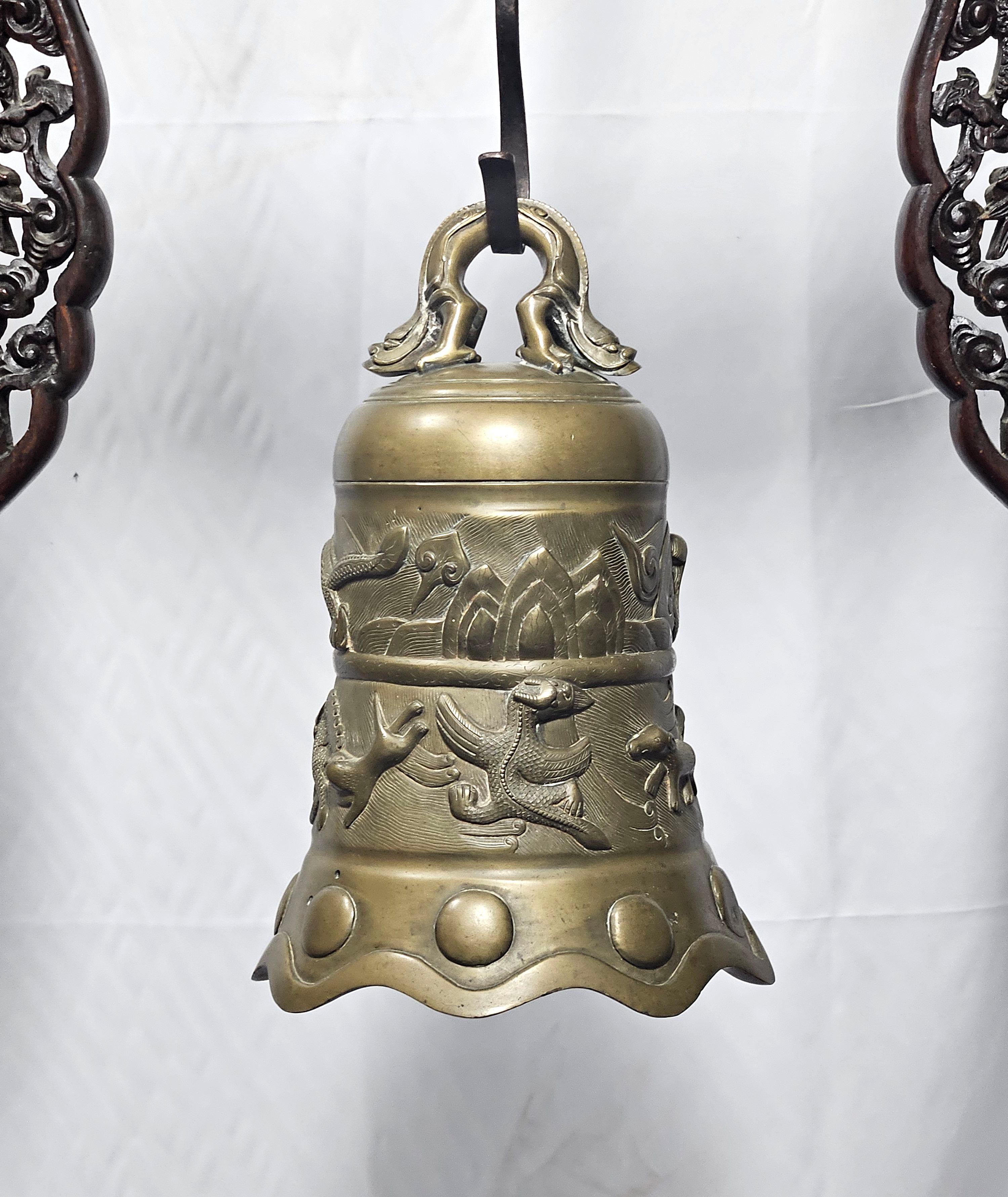 Other Chinese Temple Bell (20th C.) on Antique Wood Stand (18th C.) For Sale