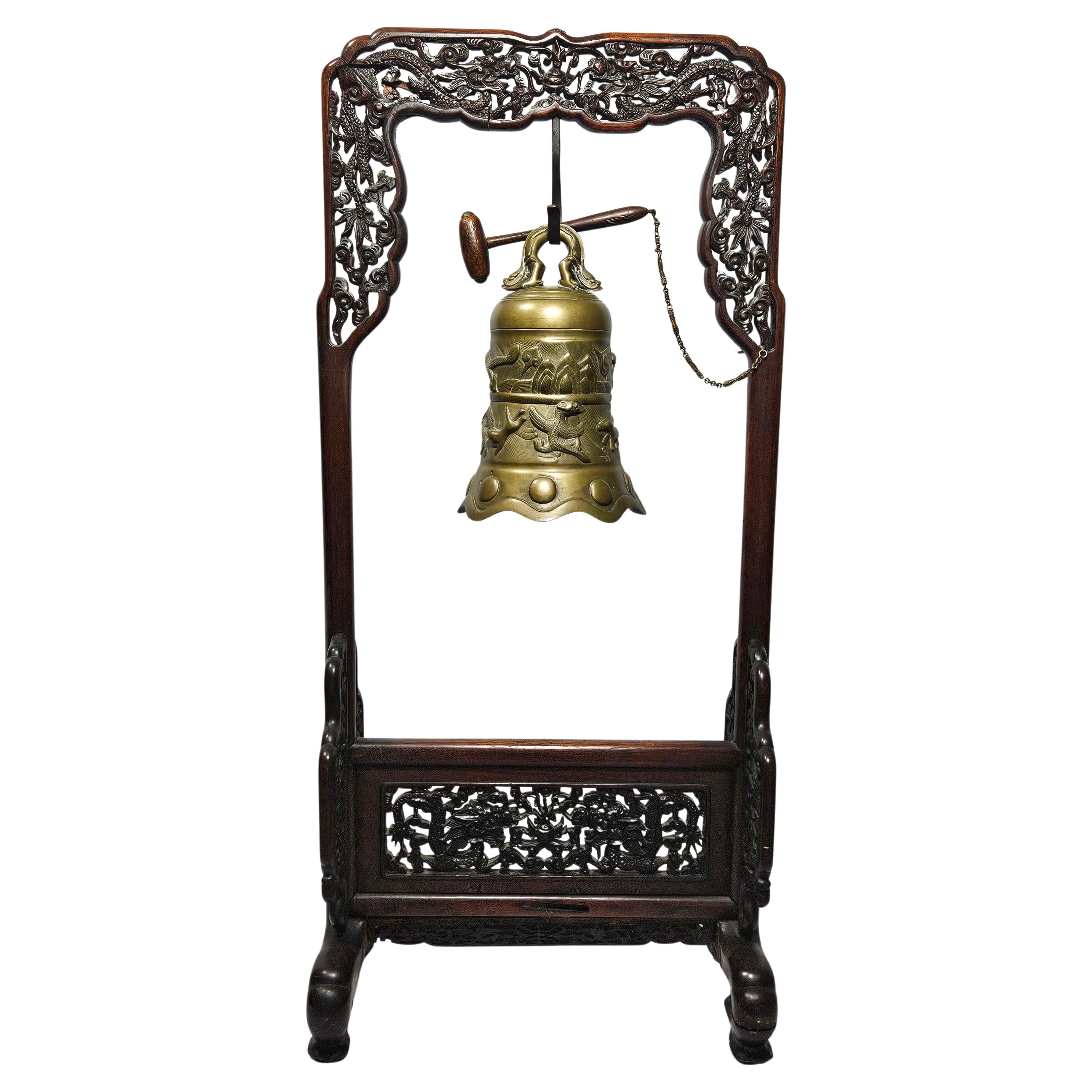 Chinese Temple Bell (20th C.) on Antique Wood Stand (18th C.) For Sale