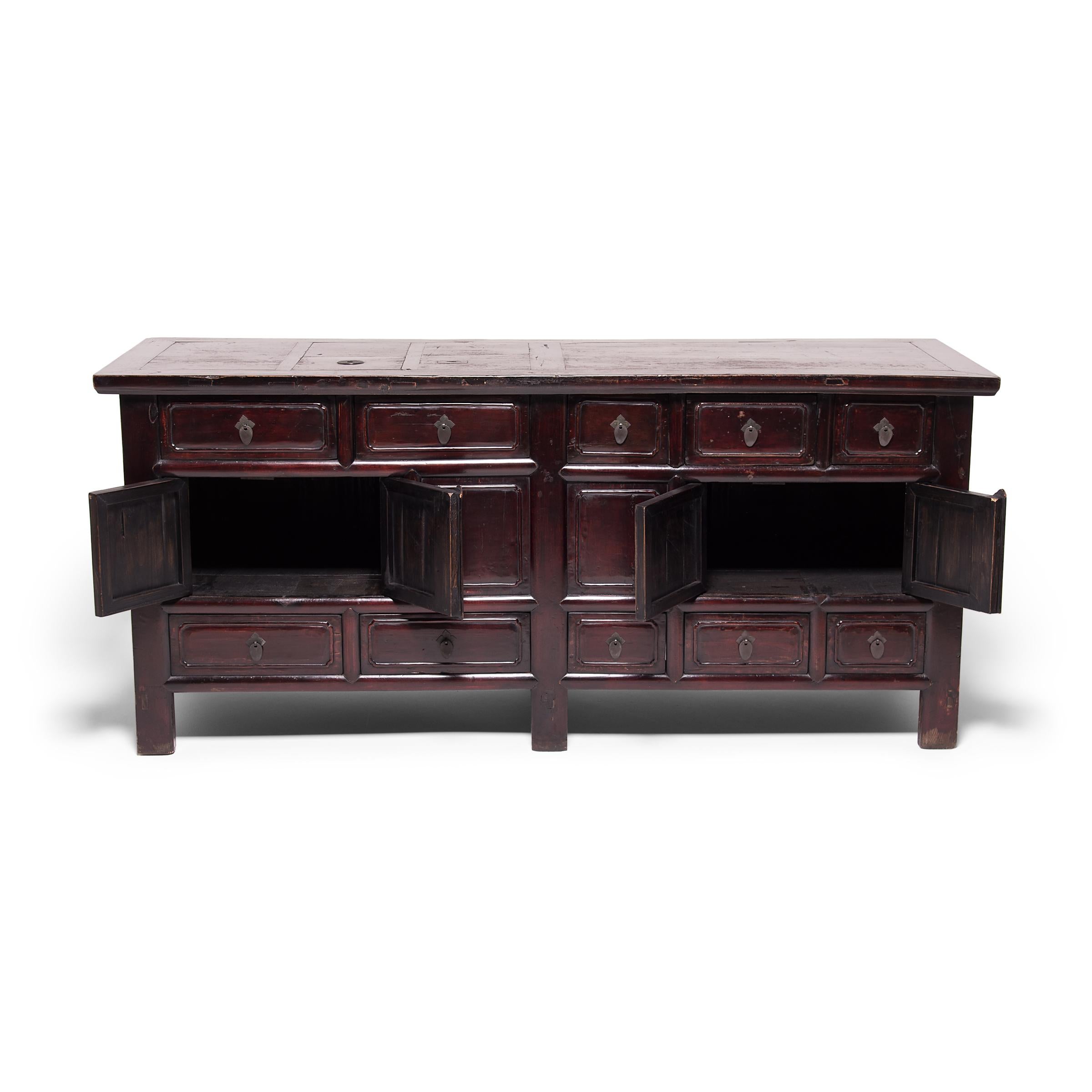 Intricately constructed with traditional mortise-and-tenon joinery, this lacquered coffer was crafted by an artisan in northern China during the late Qing dynasty. Popular in China since ancient times, lacquer needed to be carefully applied by hand,