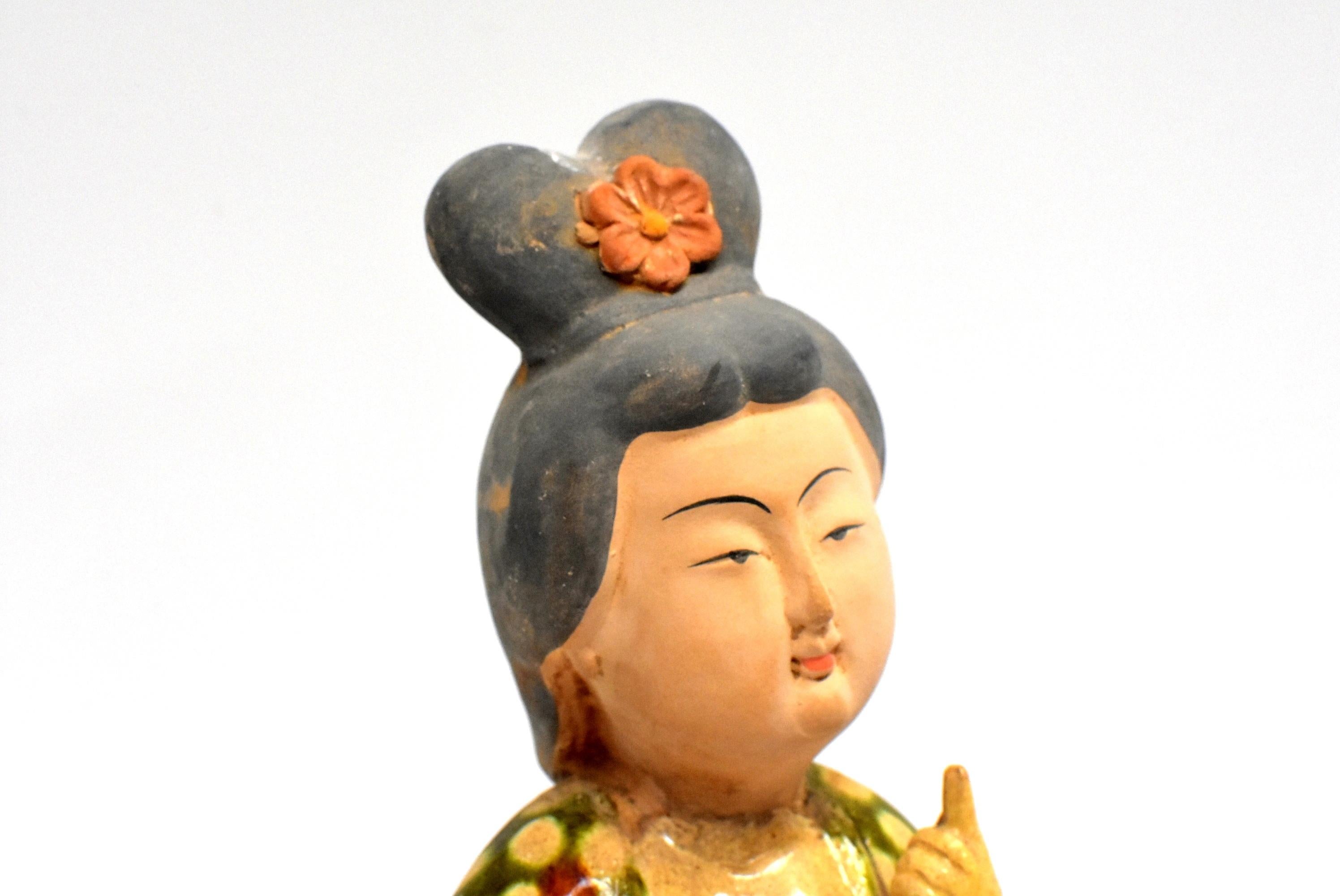 Chinese Terracotta Court Lady with a Fan Tang Style In Good Condition In Somis, CA