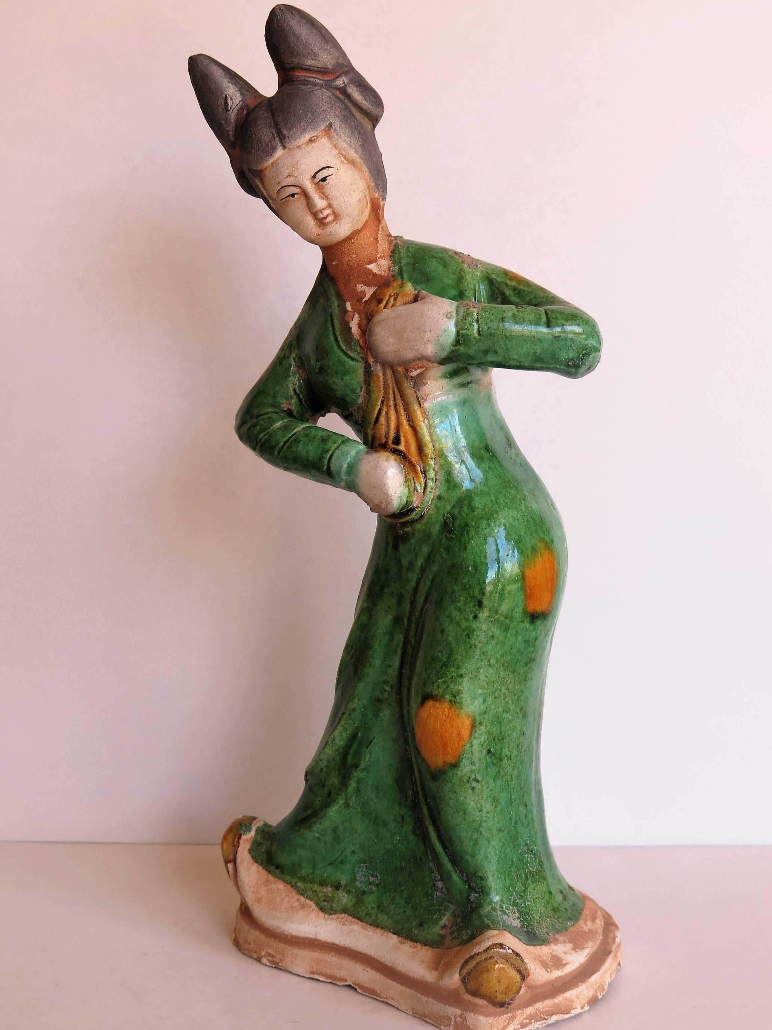 Ming Chinese terracotta Figure Playing a Lute hand painted Polychrome enamels, Qing