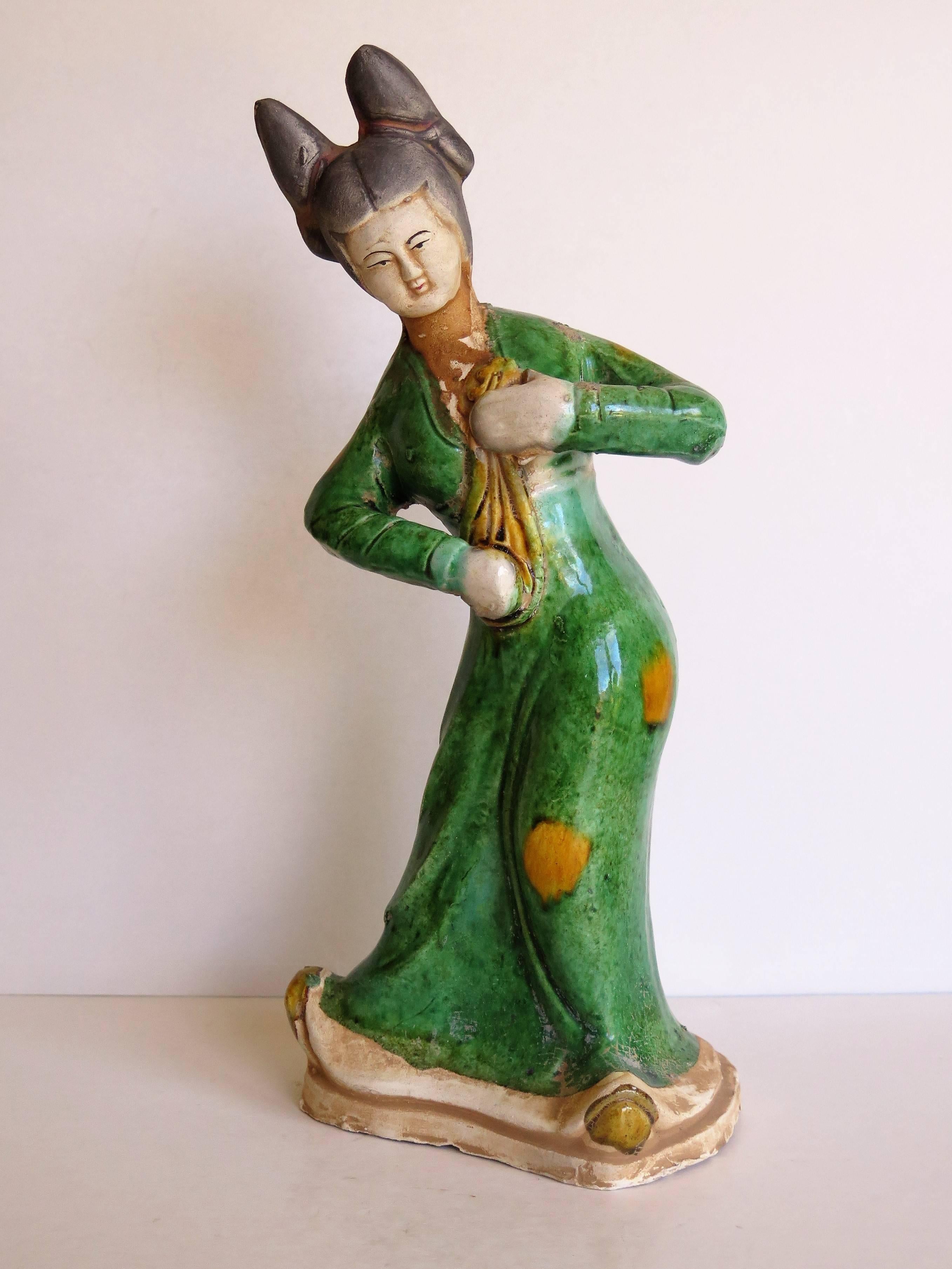 Hand-Crafted Chinese terracotta Figure Playing a Lute hand painted Polychrome enamels, Qing