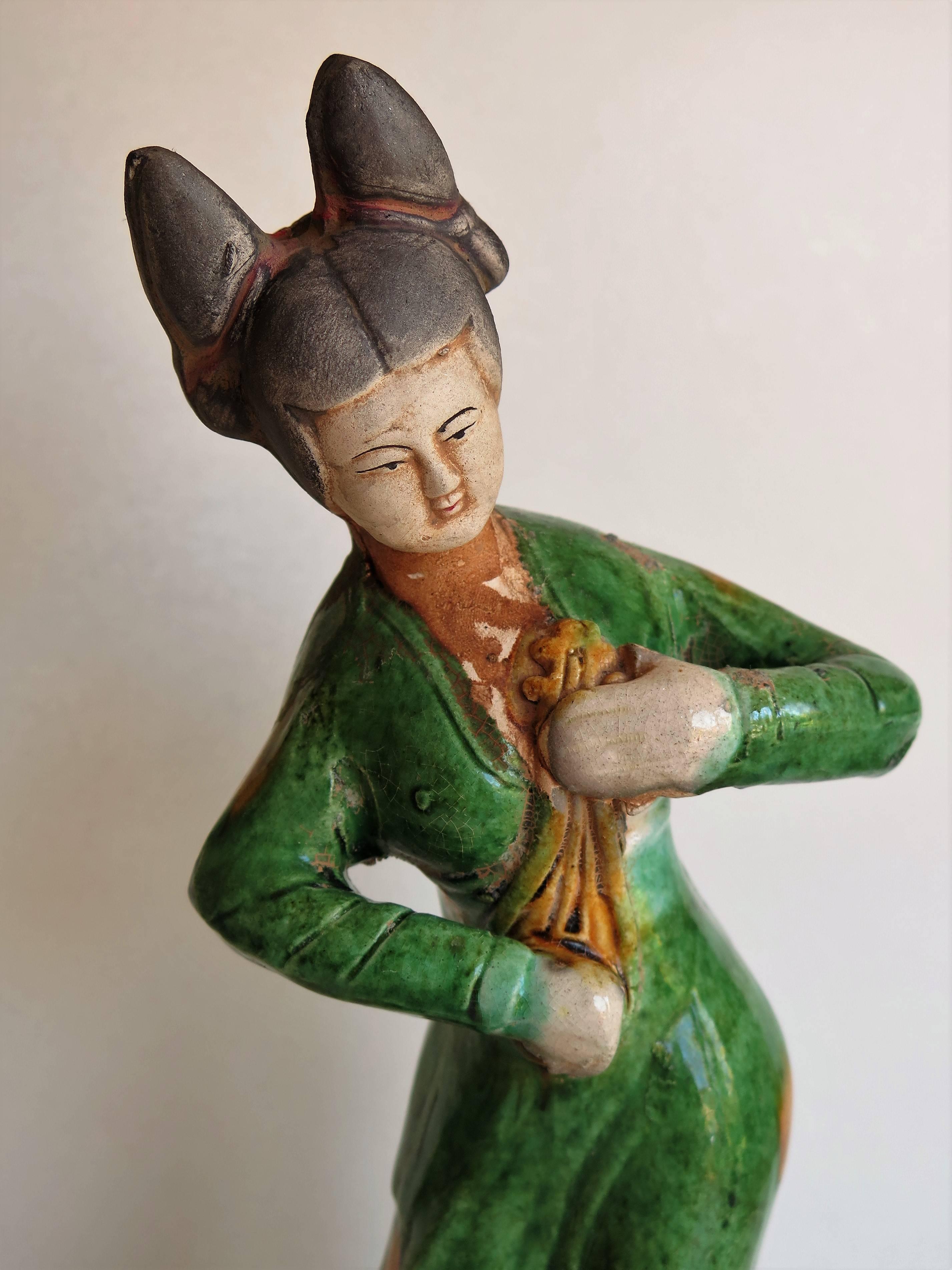 19th Century Chinese terracotta Figure Playing a Lute hand painted Polychrome enamels, Qing