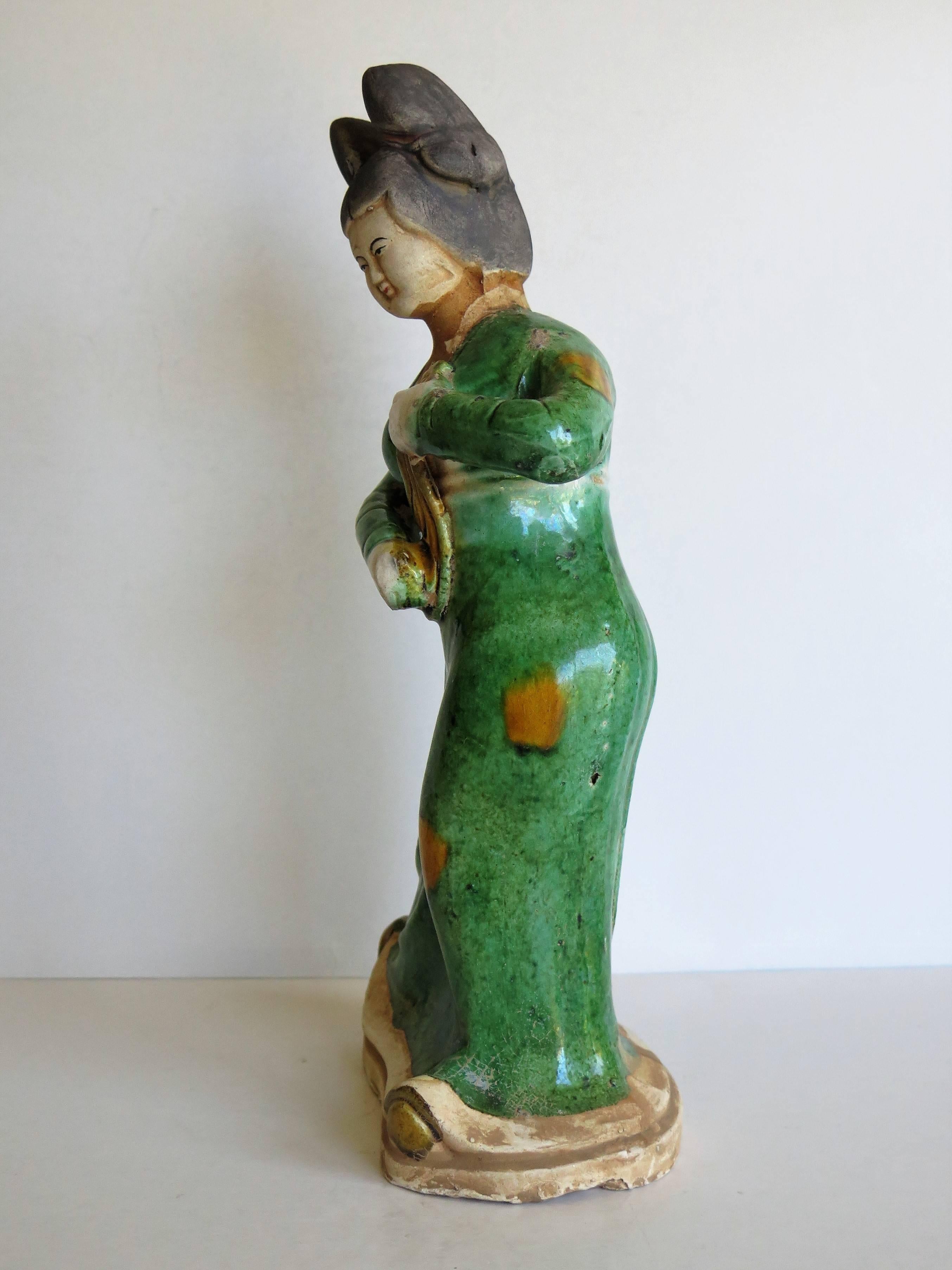 Terracotta Chinese terracotta Figure Playing a Lute hand painted Polychrome enamels, Qing