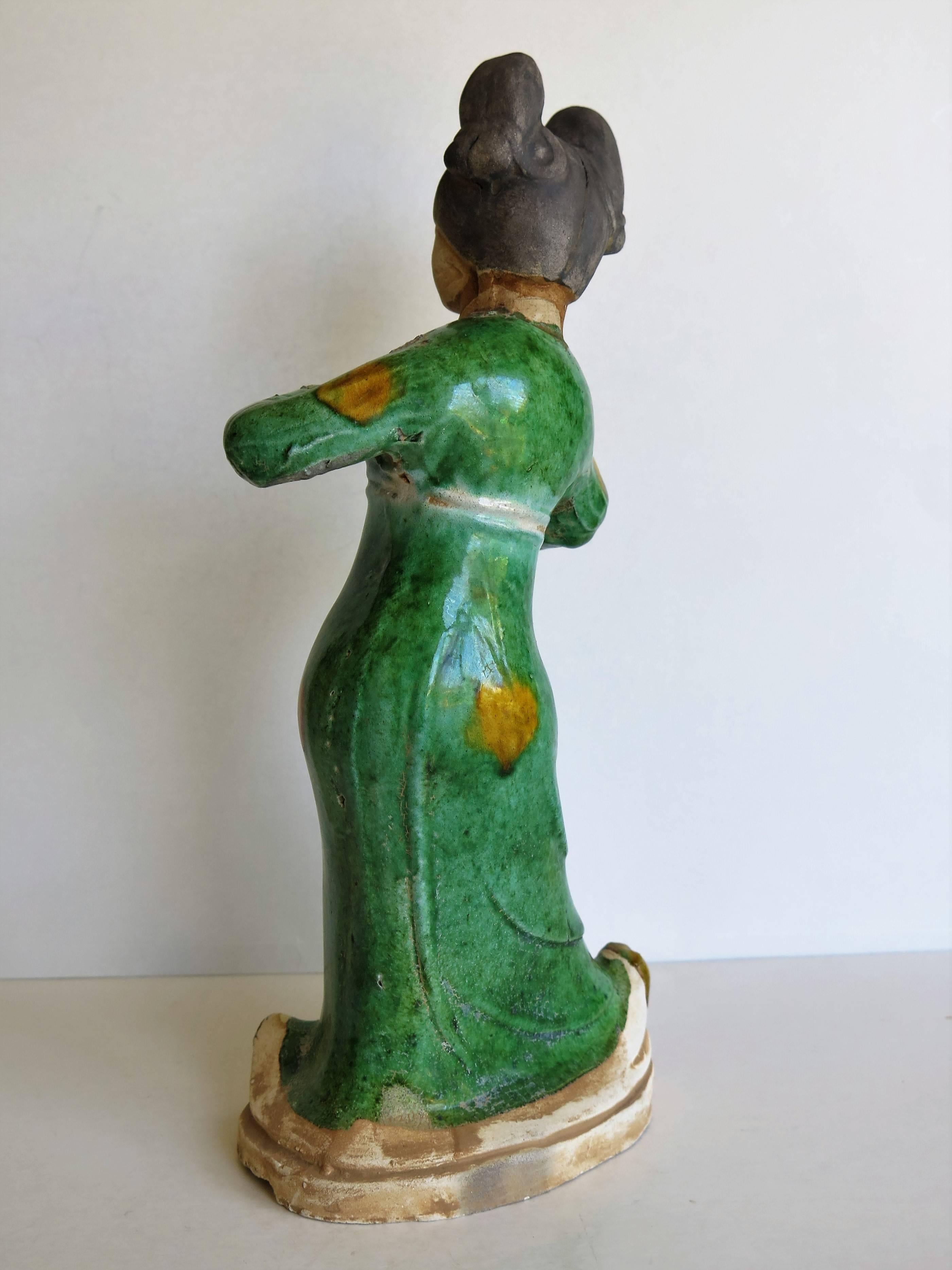 Chinese terracotta Figure Playing a Lute hand painted Polychrome enamels, Qing 1