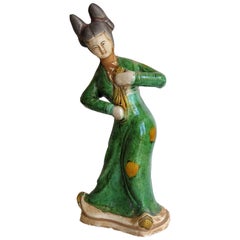 Chinese terracotta Figure Playing a Lute hand painted Polychrome enamels, Qing