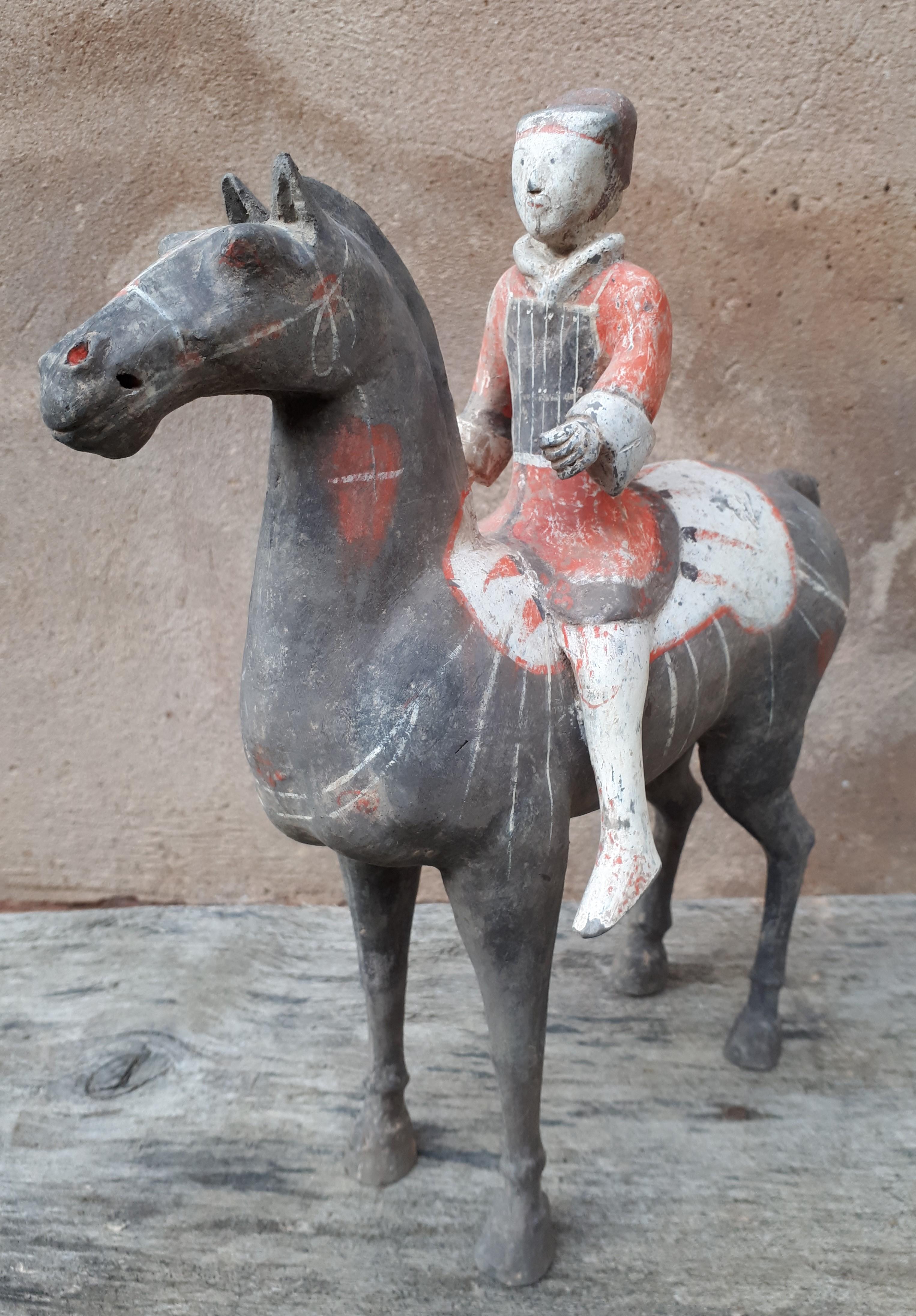 Cold-Painted Chinese Terracotta Sculpture Representing A Horseman, China Han Dynasty For Sale
