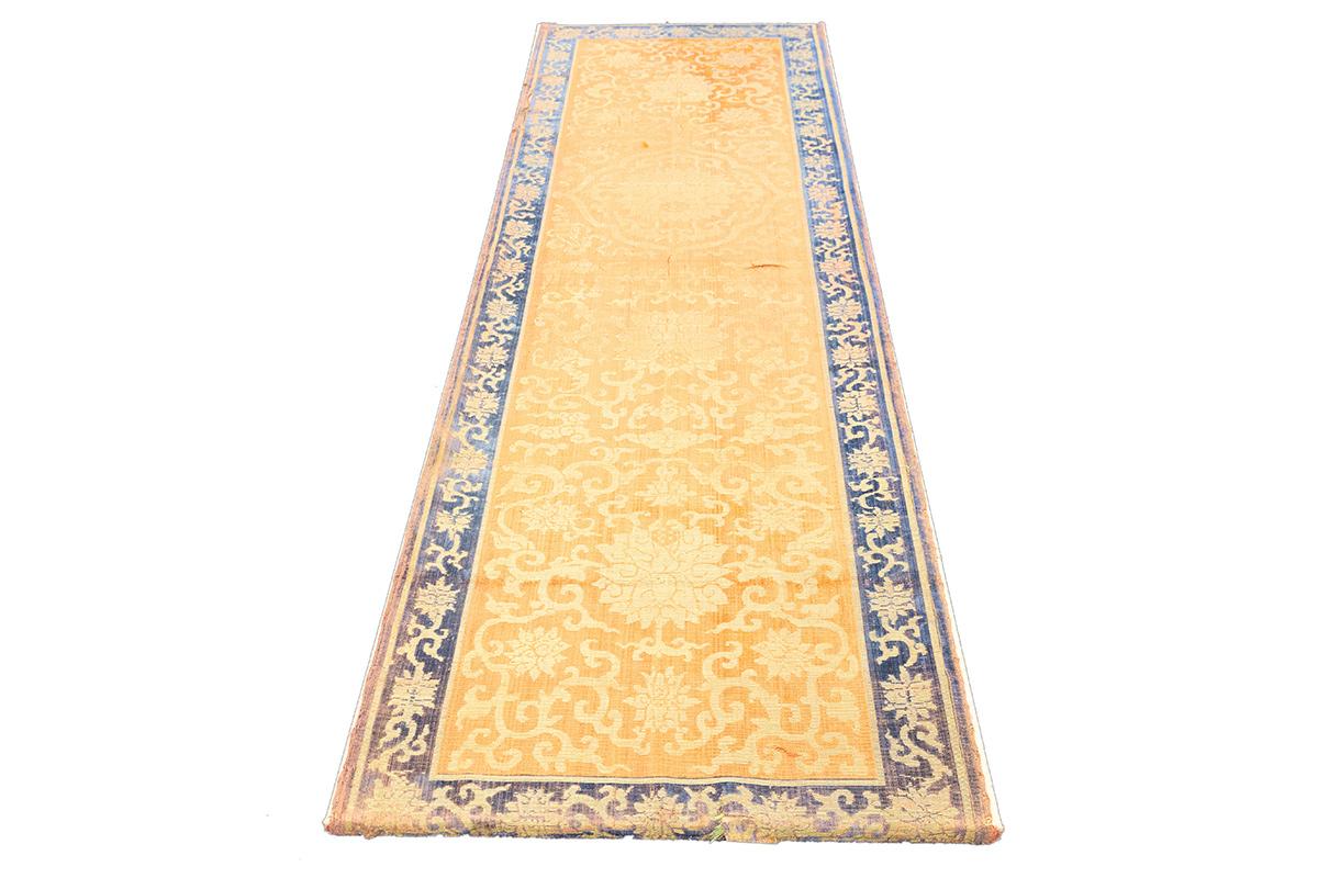 Imperial Chinese Silk & Metal Thread Textile Panel
Origin: China
Material: Silk base with gold and silver metallic threads
Technique: Brocade weaving
Period: Likely Qing Dynasty (18th–19th century)
Dimensions: Runner format (50 x 160 cm)

This