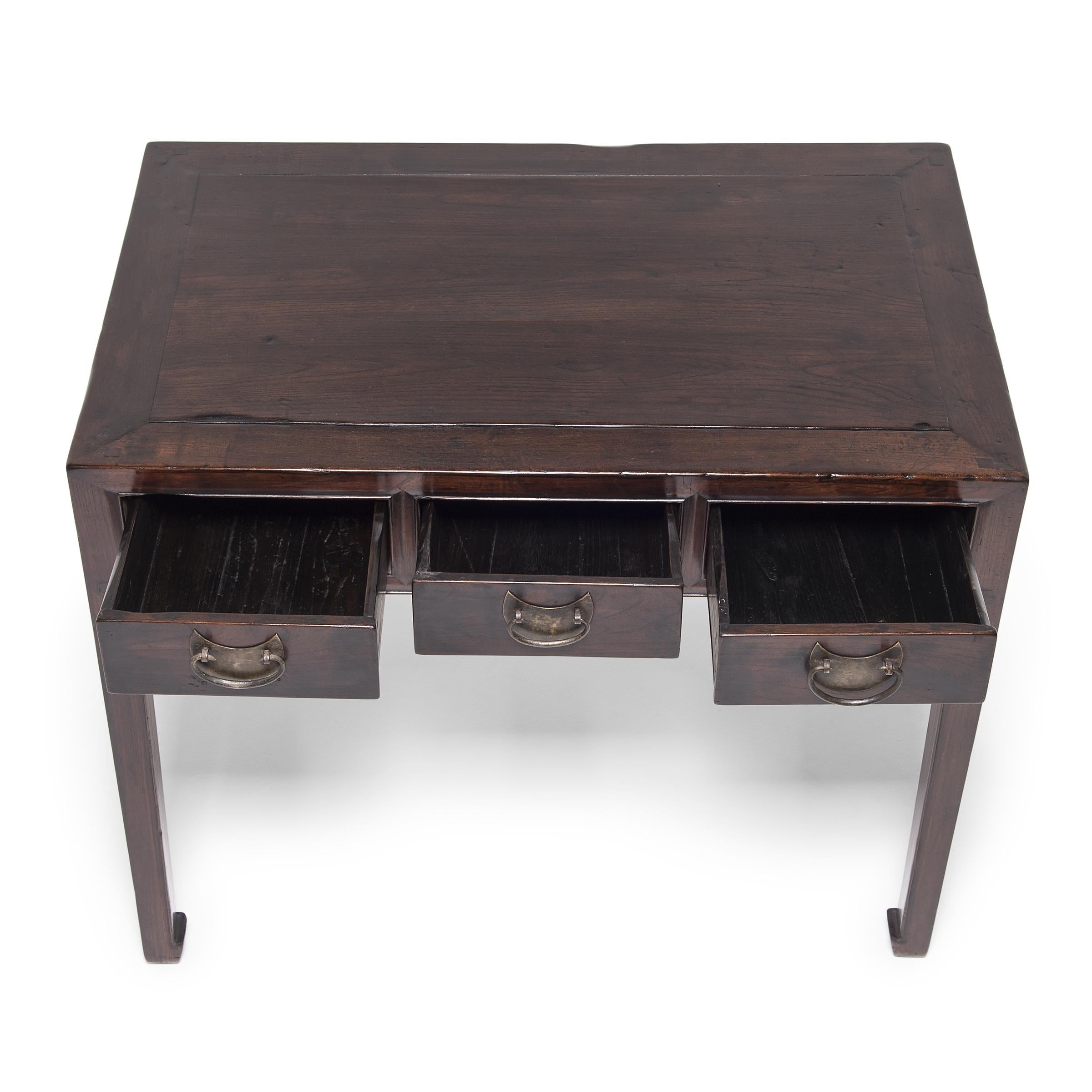 Chinese Three Drawer Table with Half Moon Pulls, C. 1850 In Good Condition In Chicago, IL