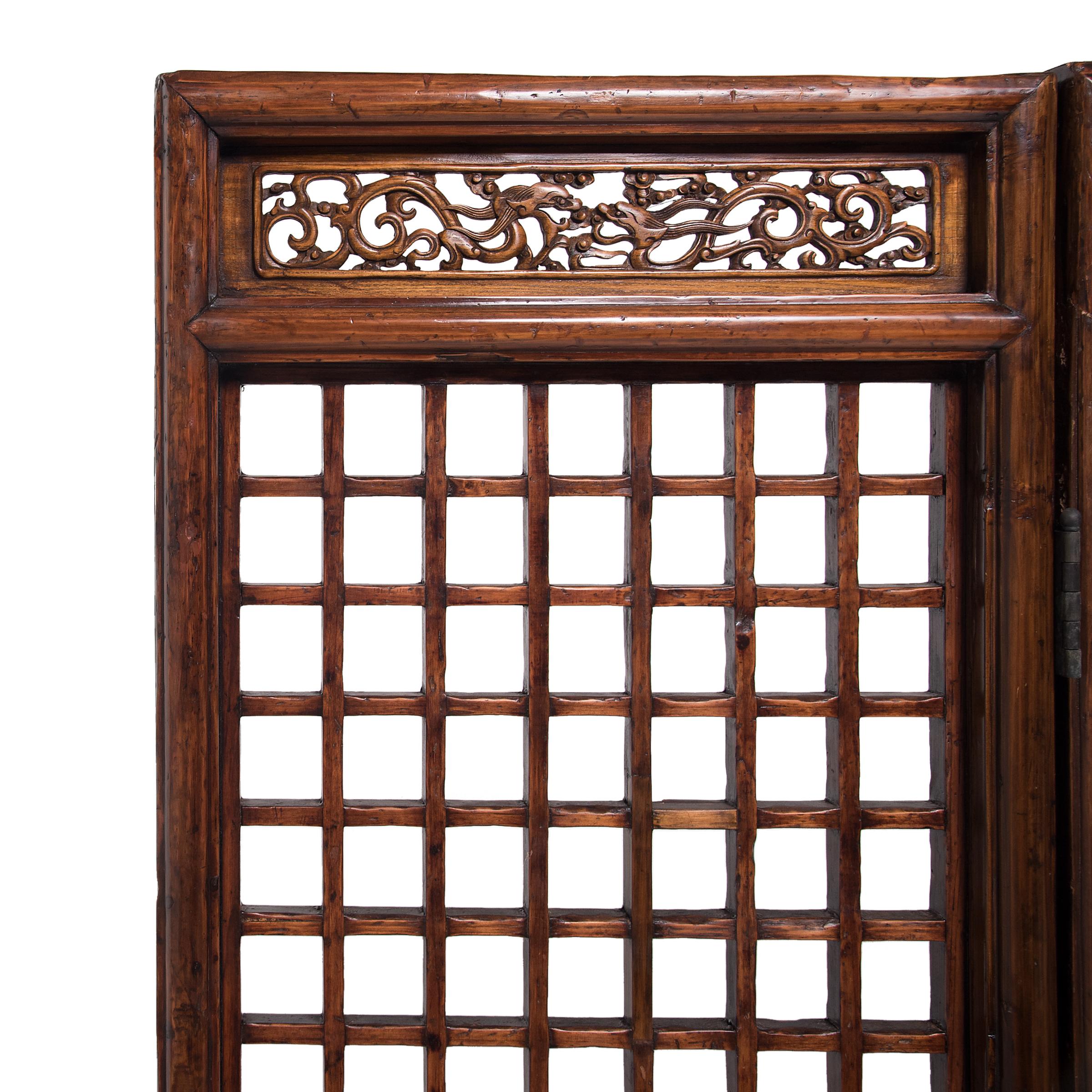 Qing Chinese Three Panel Lattice Screen with Dragon Carvings, c. 1850