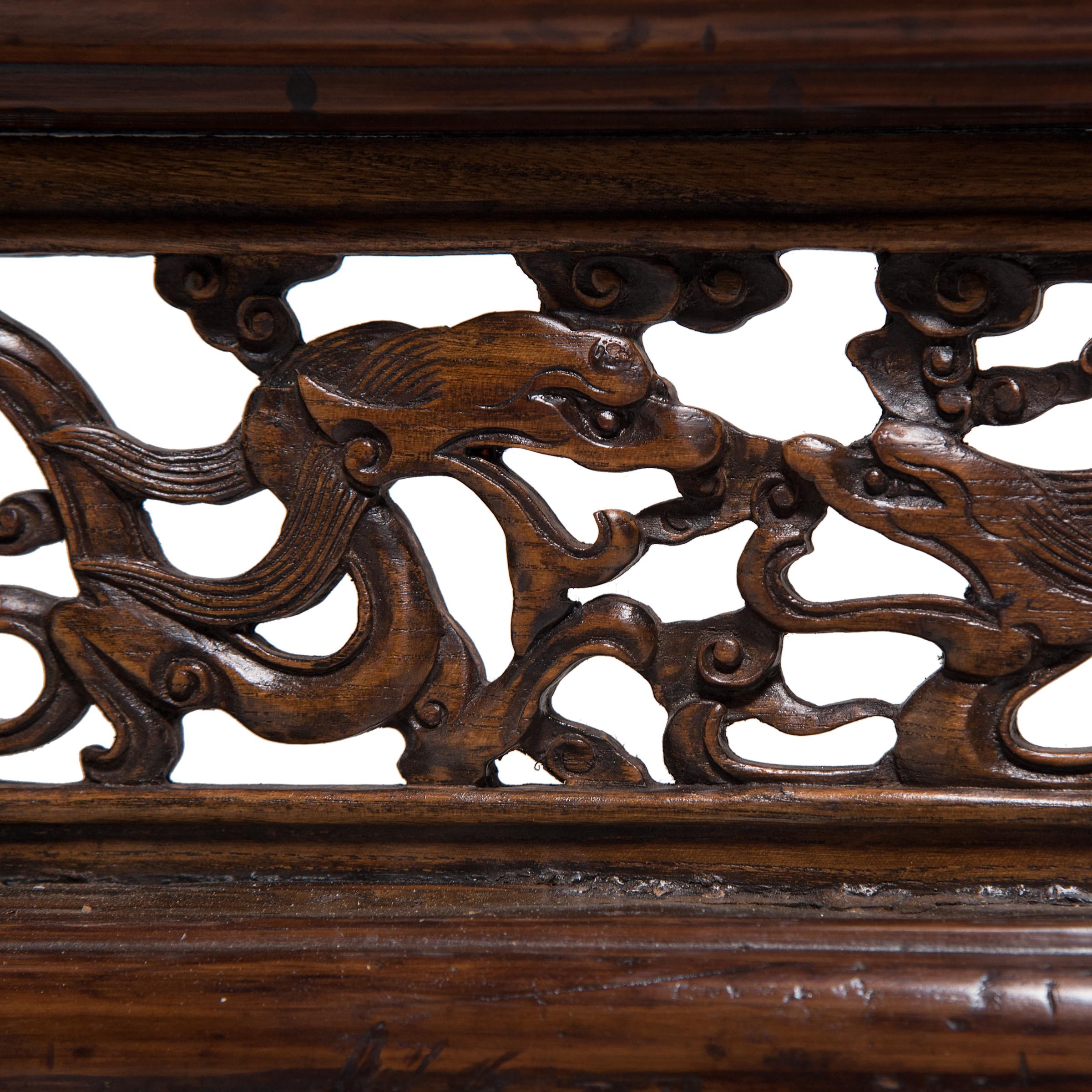 Carved Chinese Three Panel Lattice Screen with Dragon Carvings, c. 1850