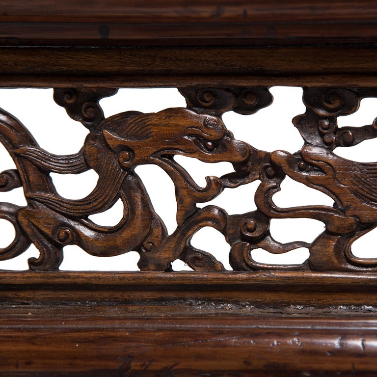 Carved Chinese Three Panel Lattice Screen with Dragon Carvings, c. 1850 For Sale