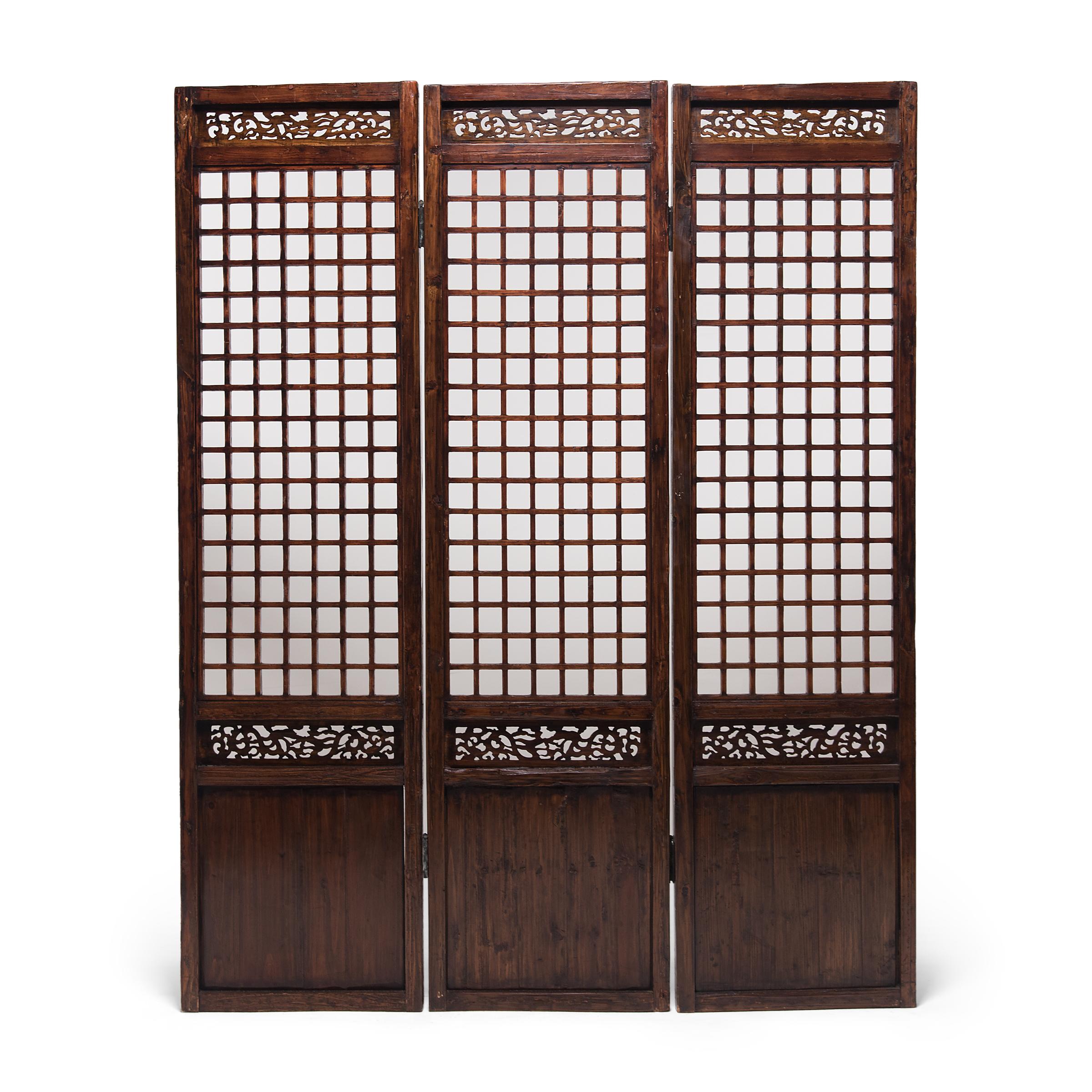 Elm Chinese Three Panel Lattice Screen with Dragon Carvings, c. 1850