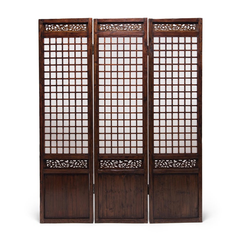 Elm Chinese Three Panel Lattice Screen with Dragon Carvings, c. 1850 For Sale