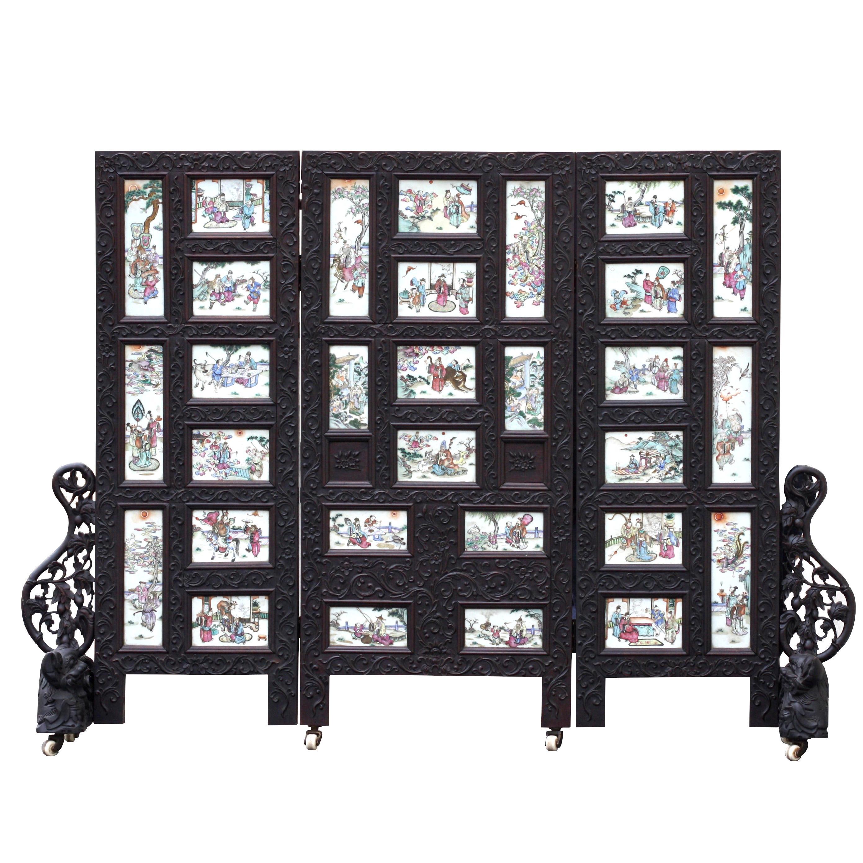 Chinese Three-Panel Porcelain Inlaid and Mixed Wood Screen