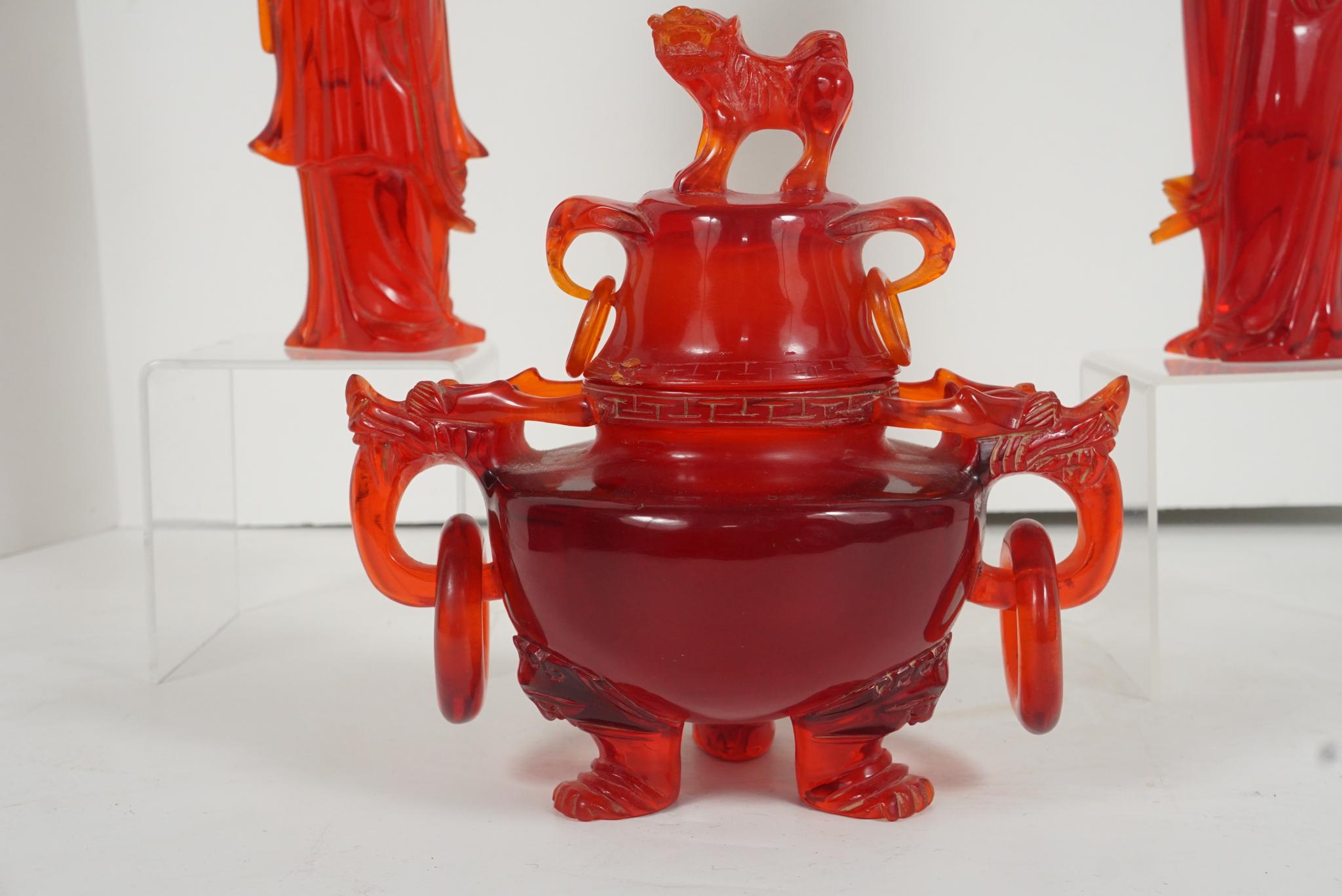 Chinese Three-Piece Garniture Carved in Created Cherry Amber 4