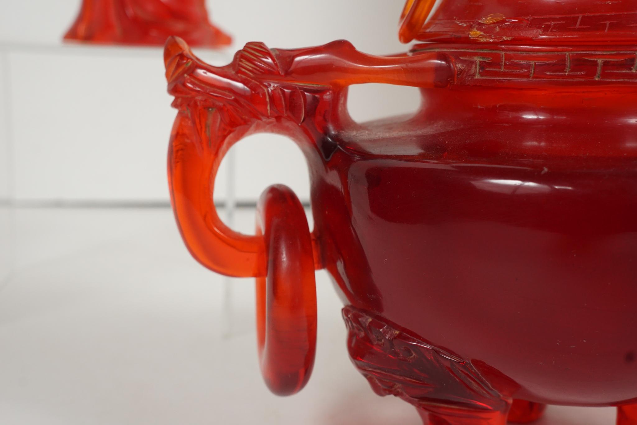 Chinese Three-Piece Garniture Carved in Created Cherry Amber 6
