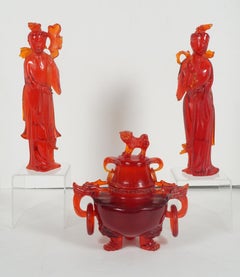 Chinese Three-Piece Garniture Carved in Created Cherry Amber