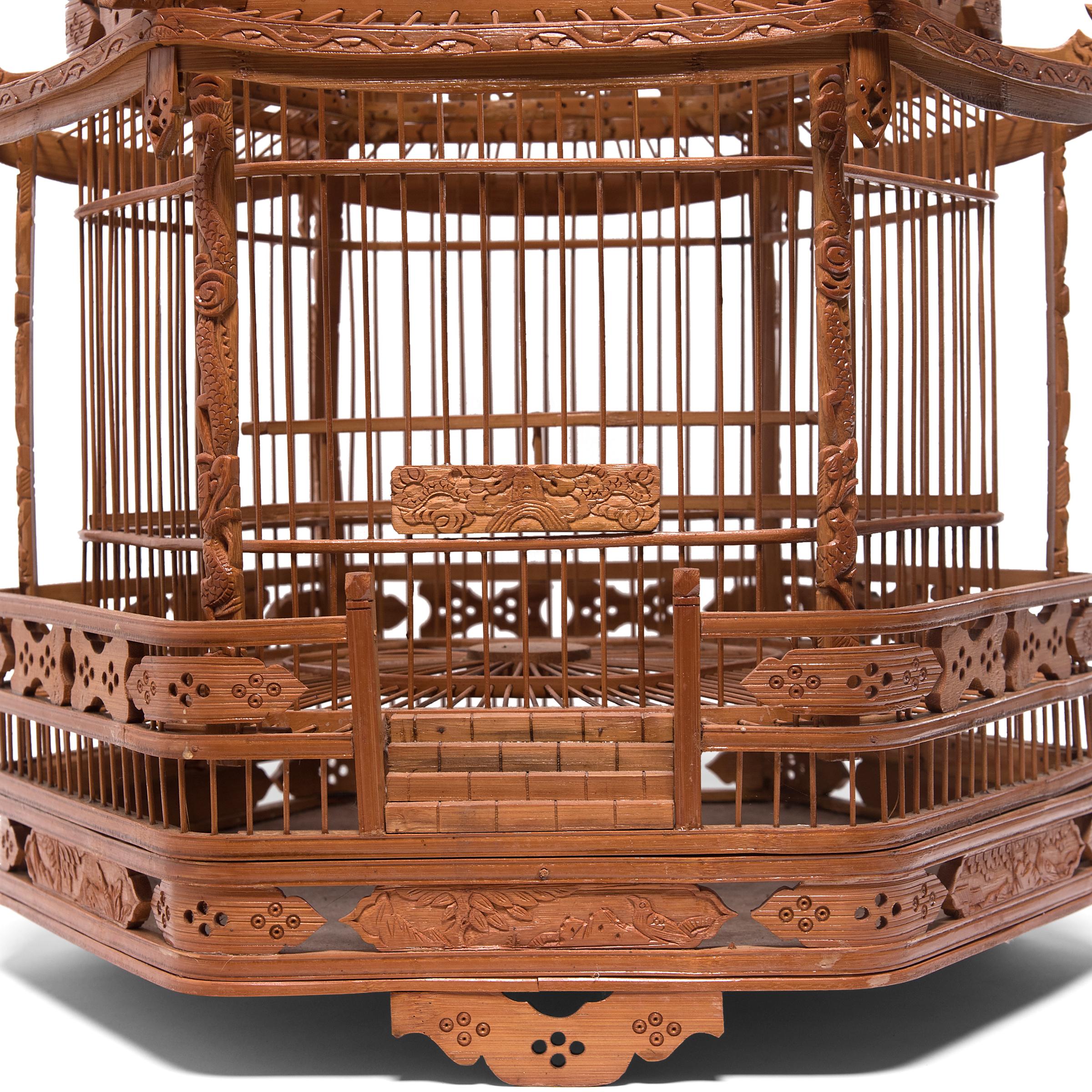 Carved Chinese Three-Tiered Pagoda Birdcage, circa 1900