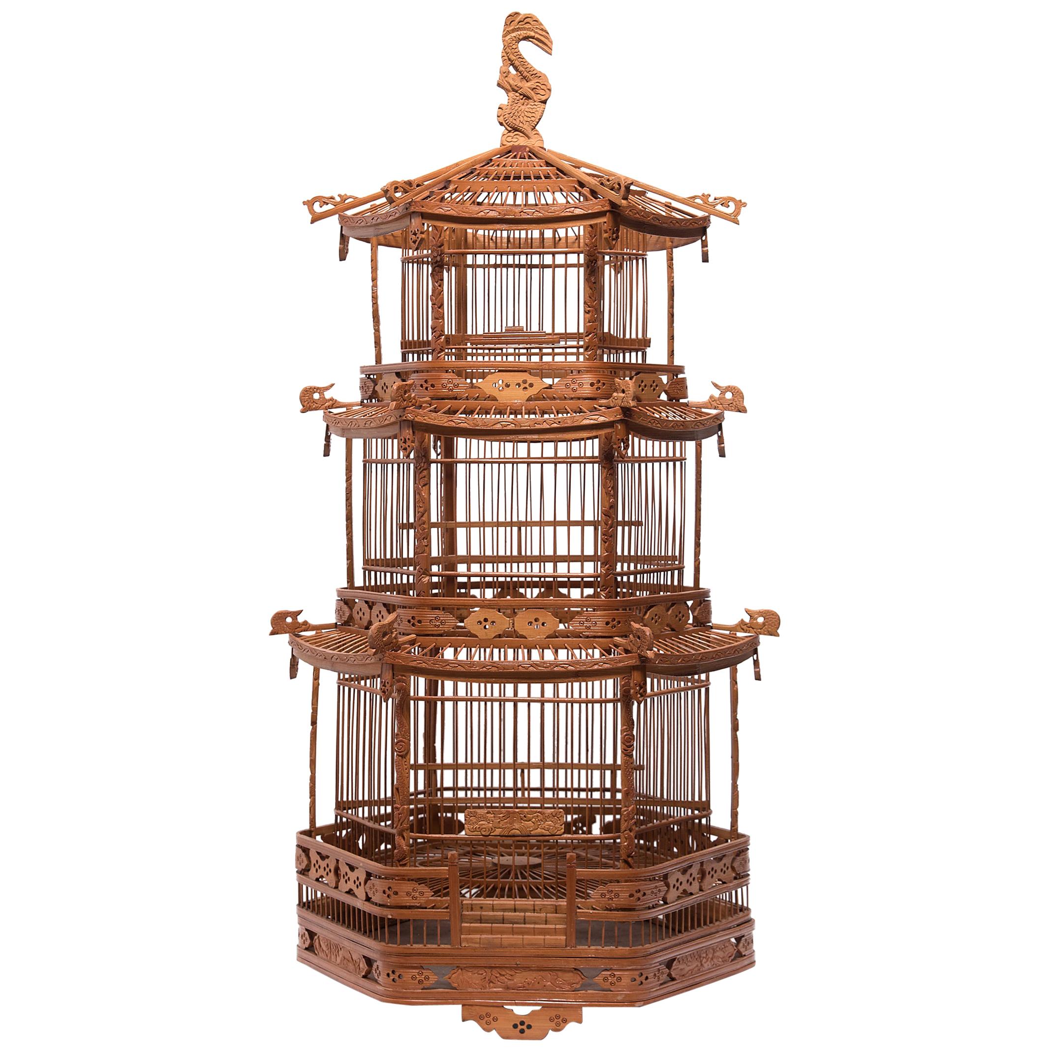 Antique Bamboo Hanging Bird Cage With Japanese Feathered Bird